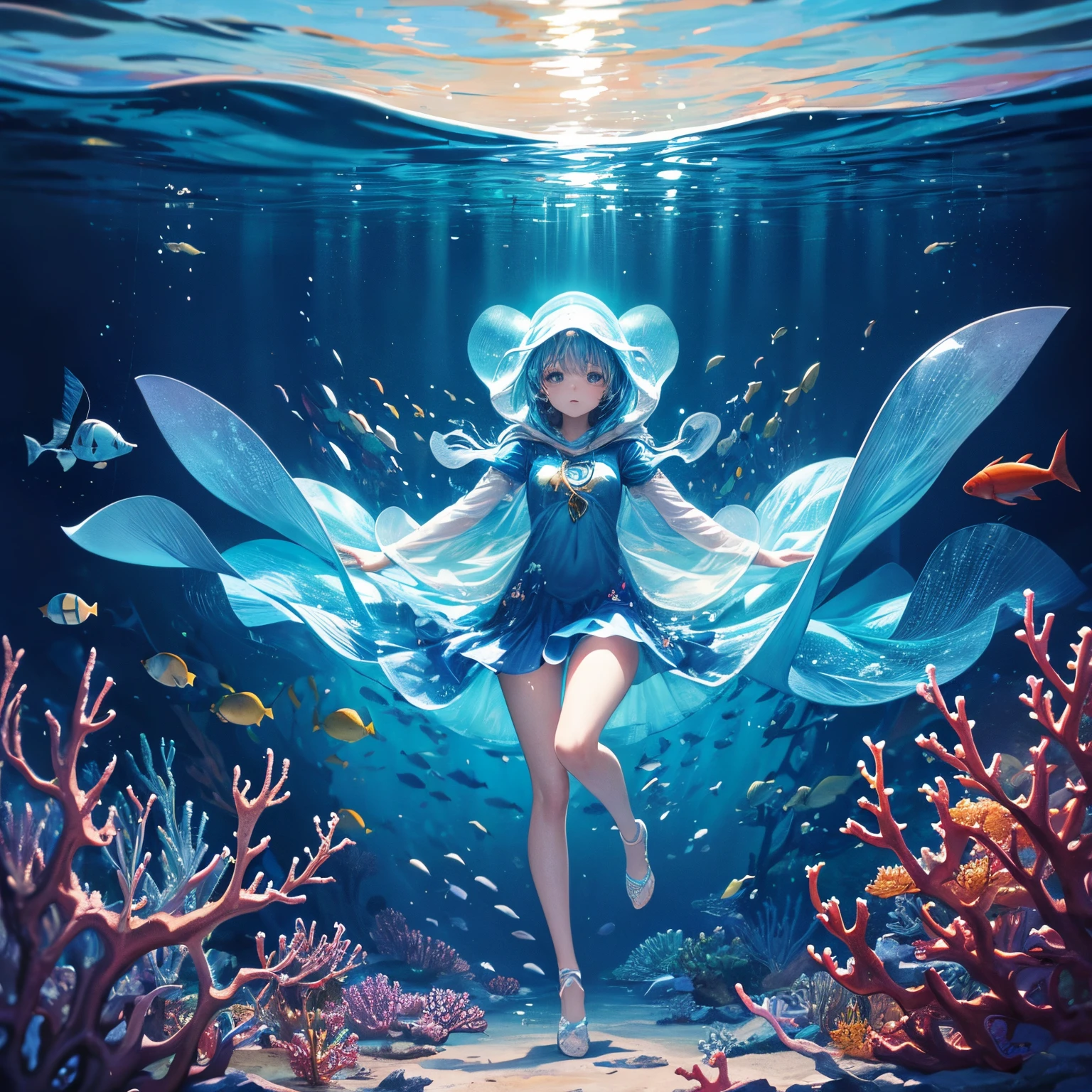 A girl in hoodie under water at the bottom surrounded by colorful fish realm where coral gardens are anointed in celestial hues, and schools of iridescent colorful fish traverse the cerulean pathways in a ballet of fluid grace. The play of refracted sunlight dapples the ocean floor, casting an ethereal glow upon the submerged landscape. The explorer's eyes mirror a kaleidoscope of wonder, capturing the very essence of the water's eloquent prose. This illustration transcends mere visuals; it becomes a visual hymn, inviting all to recognize the intrinsic beauty of the aquatic ballet.