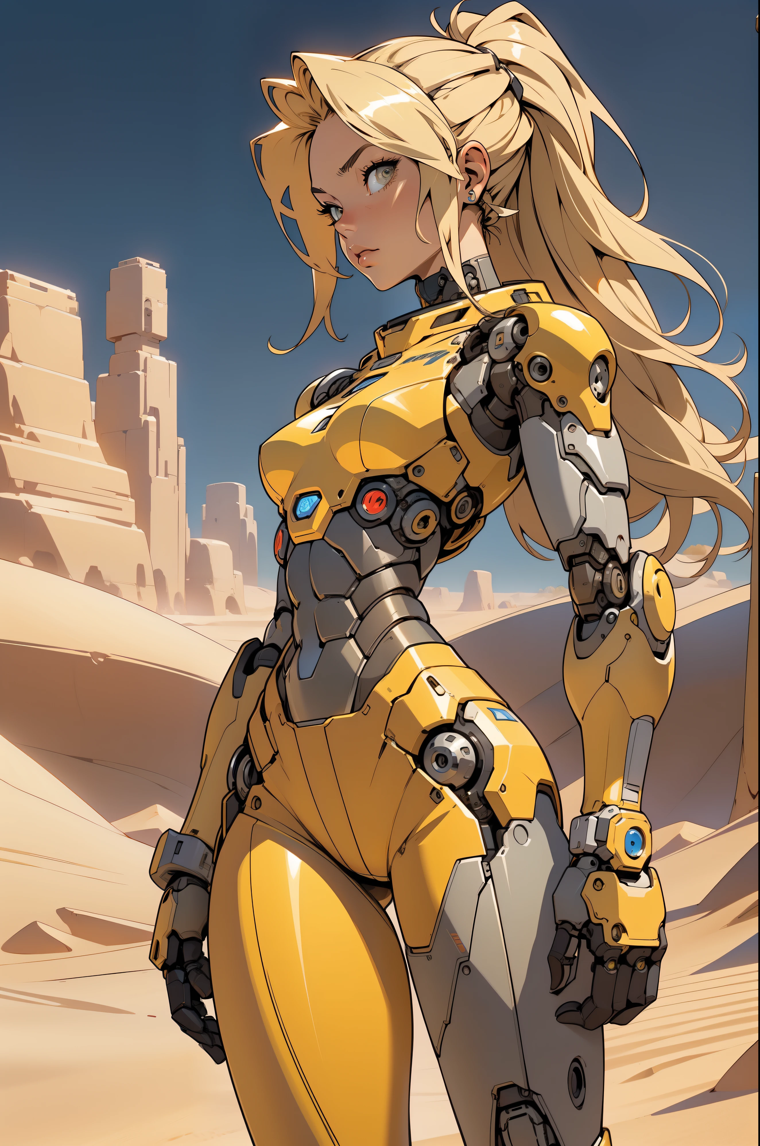 high quality, 4k, masterpiece, beautiful, cyborg girl, cowboy shot, dull eyes, back side, turning around to look at viewer, long blonde hair, girl, small breasts, fit thigh, robotic arms, robotic body, cyborg body, yellow accent, red accent, intricate detail, joint, detailed lines, robotic detail, 1fist on hip, color robotic parts, robotic parts with color, perfect fingers, on a desert planet, sunny background, colorful desert,