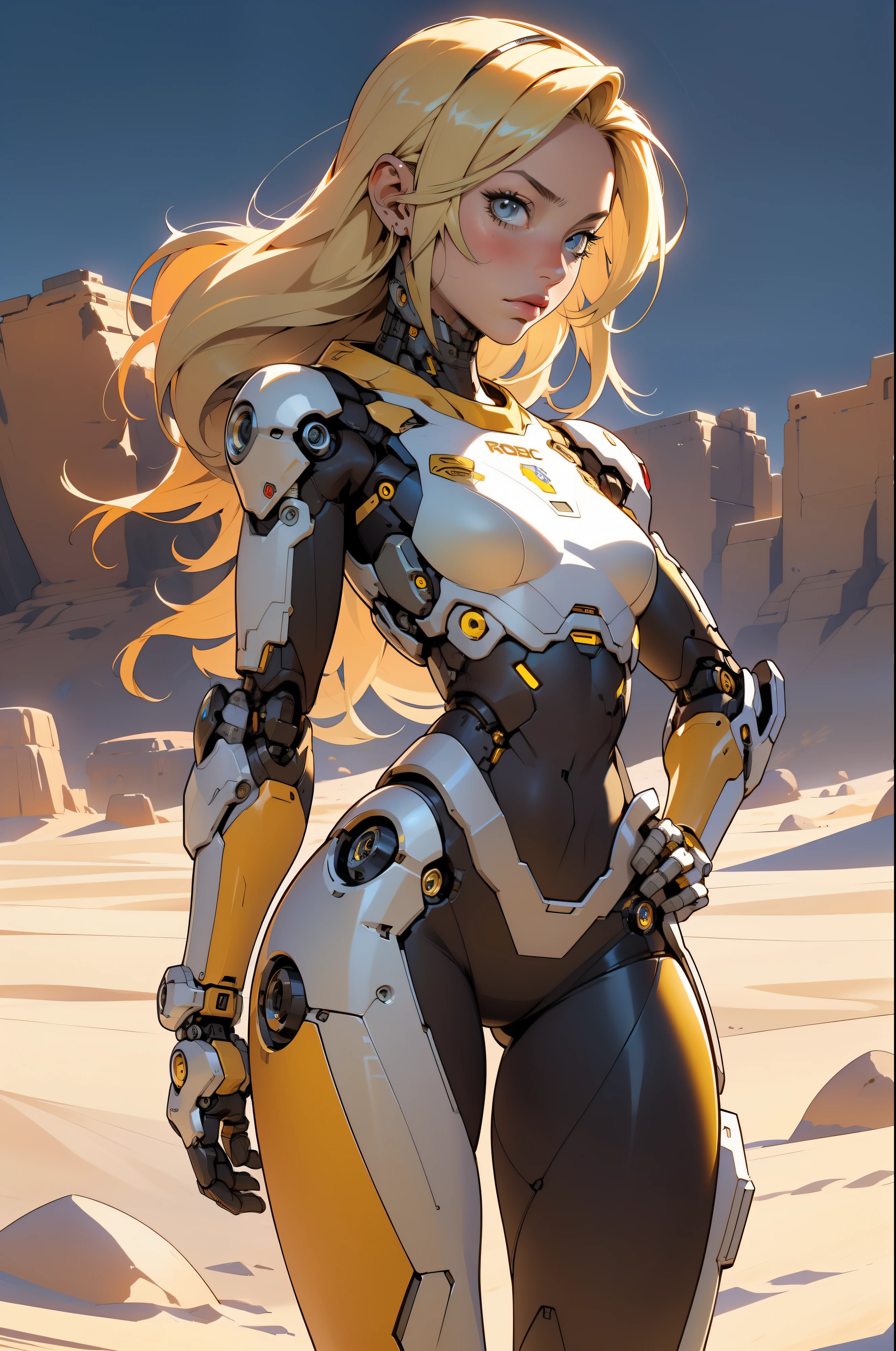 high quality, 4k, masterpiece, beautiful, cyborg girl, cowboy shot, dull eyes, back side, turning around to look at viewer, long blonde hair, girl, small breasts, fit thigh, robotic arms, robotic body, cyborg body, yellow accent, red accent, intricate detail, joint, detailed lines, robotic detail, 1fist on hip, color robotic parts, robotic parts with color, perfect fingers, on a desert planet, sunny background, colorful desert,