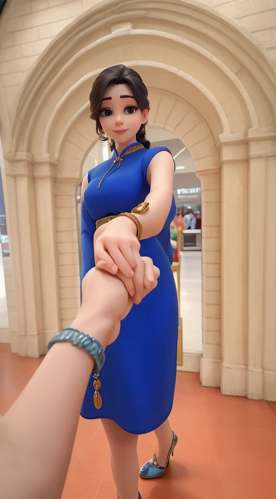 there is a woman holding a man's hand in a building, appearing in a shopping mall, photo of a hand jewellery model, hands behind her pose!, man proposing his girlfriend, pose 1 of 1 6, very artistic pose, thought provoking, in a mall, photoshoot, shot with iphone 1 0, wearing a blue qipao dress, forced perspective