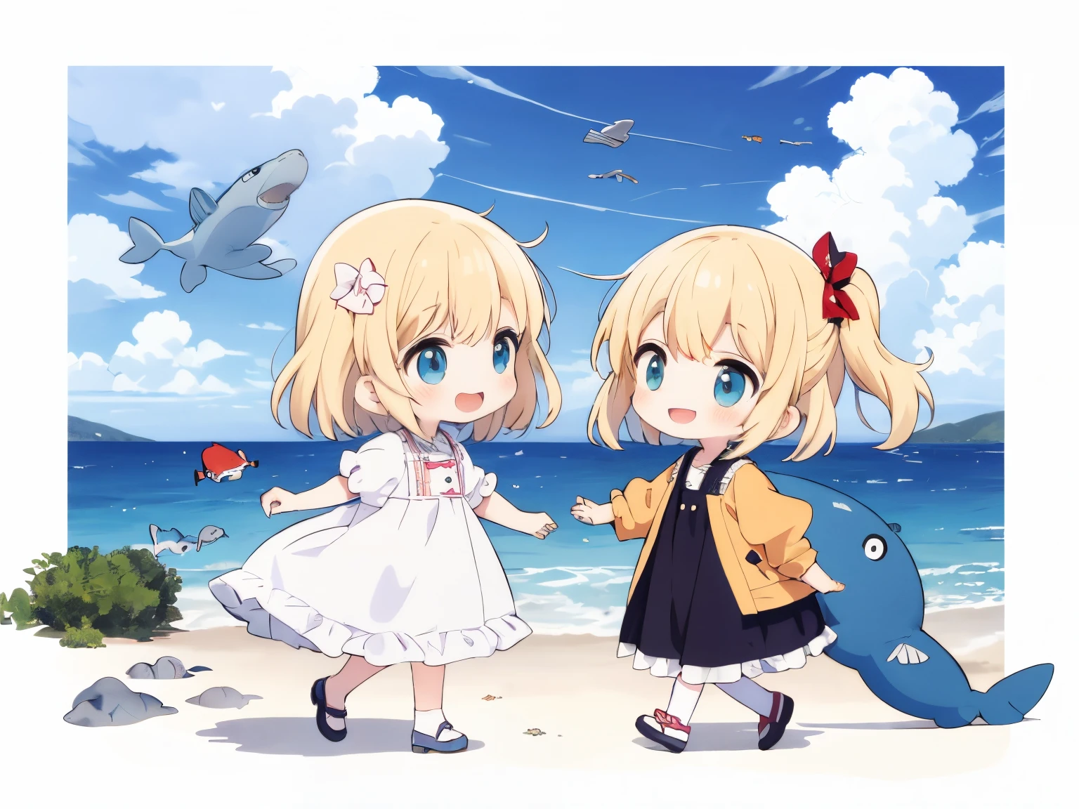 Best Quality, ultra-detailliert, Children playing with sharks flying in the sky， 2 children, Gamine２In person, platinum-blonde-hair,  Floating hair, 
Smiling child，from the front side, fluffy frilly clothes,  prisma，shading