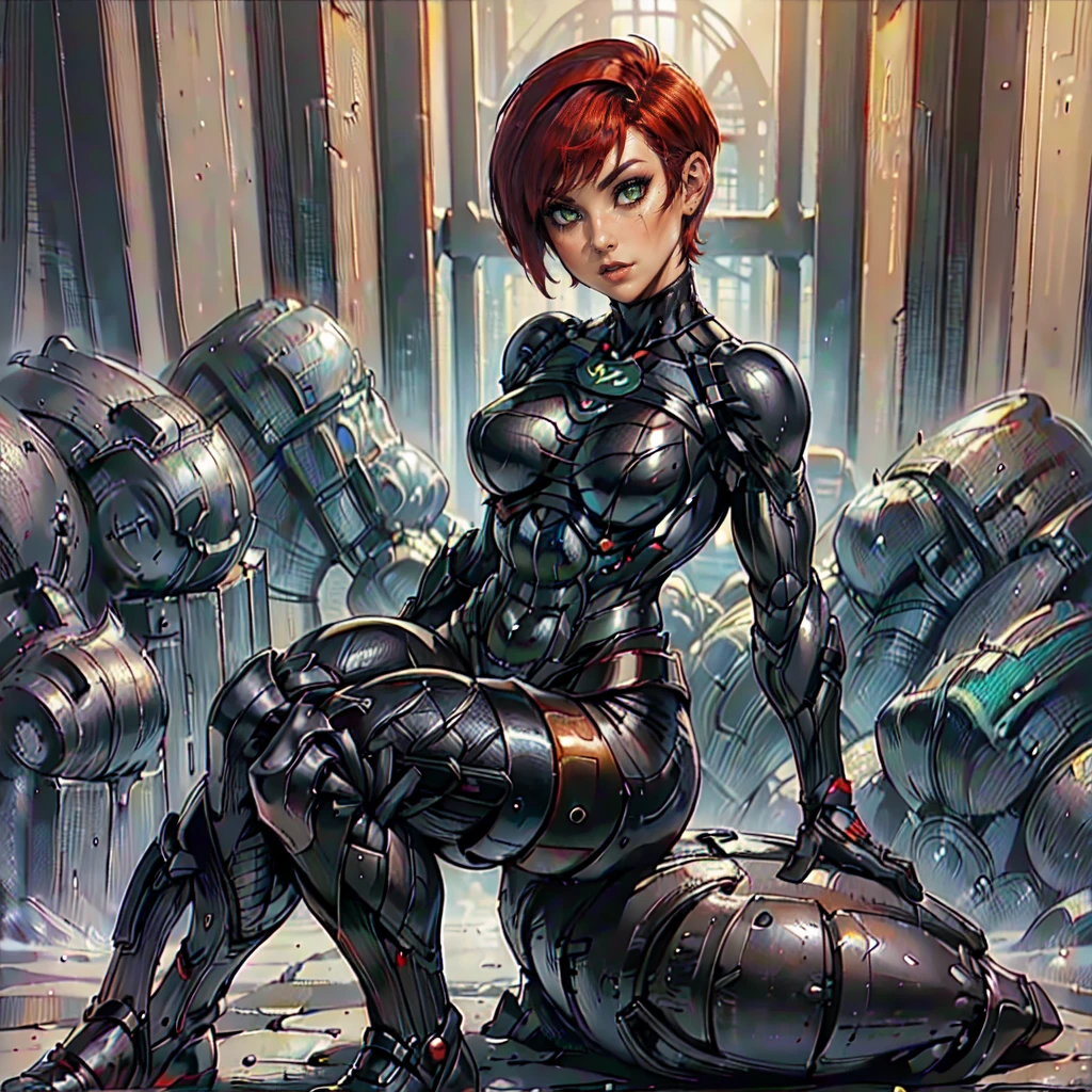 (SamanthaSaintQuiron, woman), dynamic pose, ((full body)), ((Black matte armor, )), (masterpiece, best quality), (detailed skin:1.3, detailed face:1.3), dslr,, ( Red Head, Very Short Hair, Pixie Cut:1.2), Green Eyes, Mascara, High resolution, Ultra-pointu, 16k, Masterpiece, three sided view,