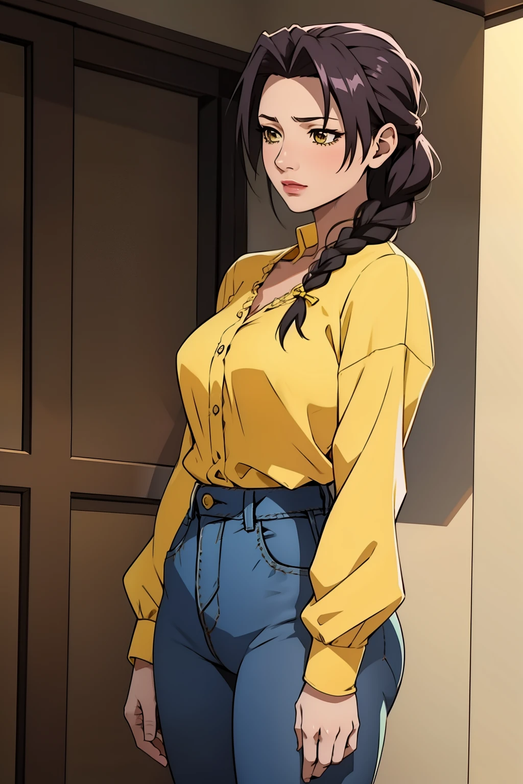 Misako, braid hair, yellow blouse long sleeves, blue jeans,