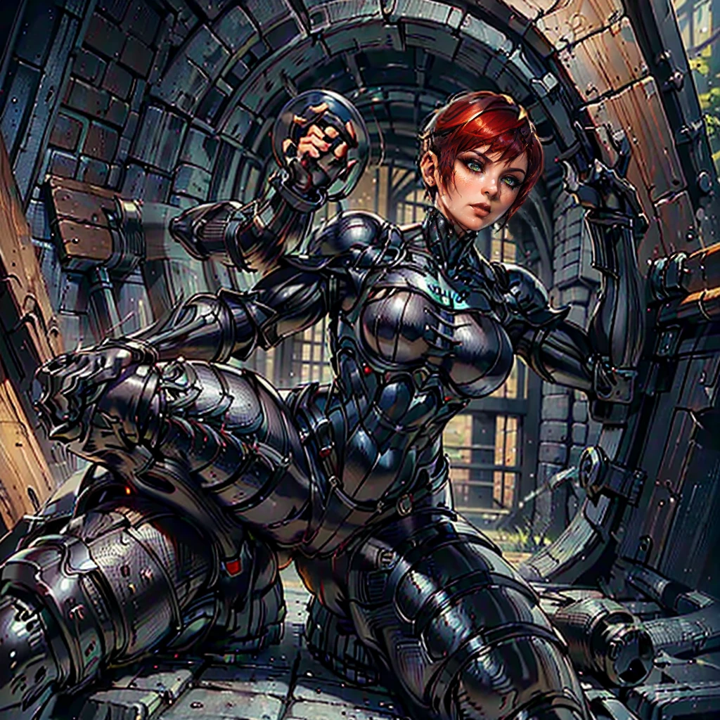 (SamanthaSaintQuiron, woman), dynamic pose, ((full body)), ((Black matte armor, )), (masterpiece, best quality), (detailed skin:1.3, detailed face:1.3), dslr,, ( Red Head, Very Short Hair, Pixie Cut:1.2), Green Eyes, Mascara, High resolution, Ultra-pointu, 16k, Masterpiece, three sided view,