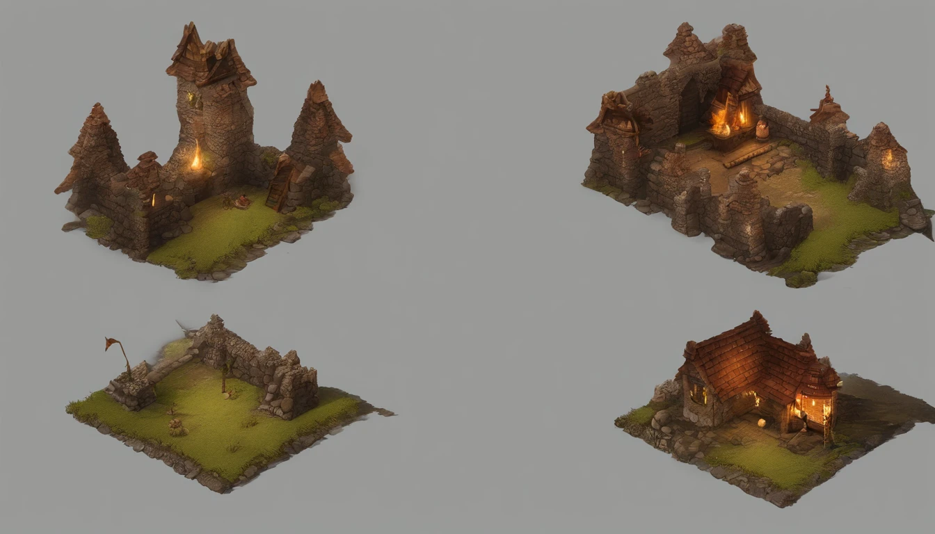 45° top-down,large scene,Wide-angle perspective,depth of fields,((Best quality at best)), ((tmasterpiece)), ((ultra - detailed)), (illustratio), (detailedlight),A dark dungeon with a weapons depot and a forge,Large blacksmith furnace,Iron felt,Weapon racks