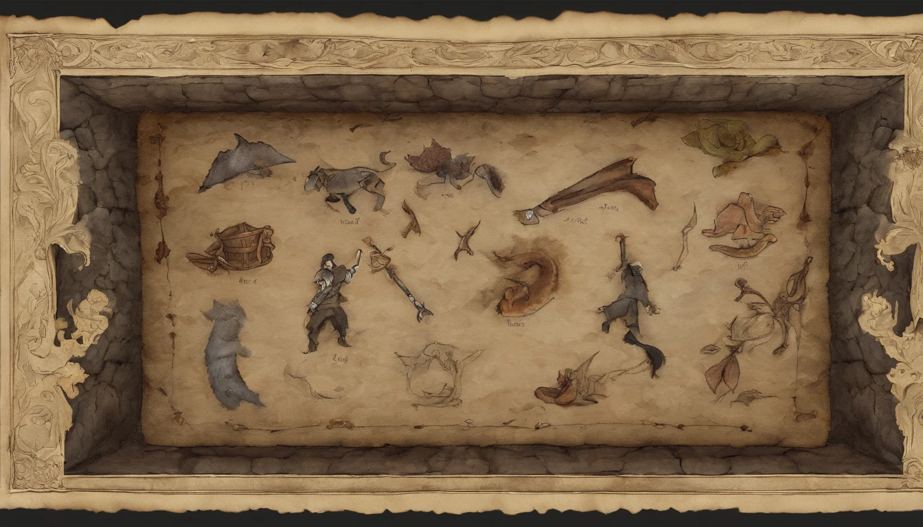 45° top-down,large scene,Wide-angle perspective,depth of fields,((Best quality at best)), ((tmasterpiece)), ((ultra - detailed)), (illustratio), (detailedlight),A dark dungeon with a weapons depot and a forge,Large blacksmith furnace,Iron felt,Weapon racks