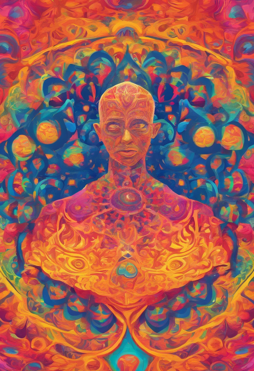 ２Vivid color drawing of spiral lightwaves third eye open, my face, short dark men’s haircut, button down shirt and jeans, with lightbulb in eyes, normal face, mandala, energy-light-mandala  (man seated in padmasana, me in full lotus meditation), fractal light wave -based mandalas of one