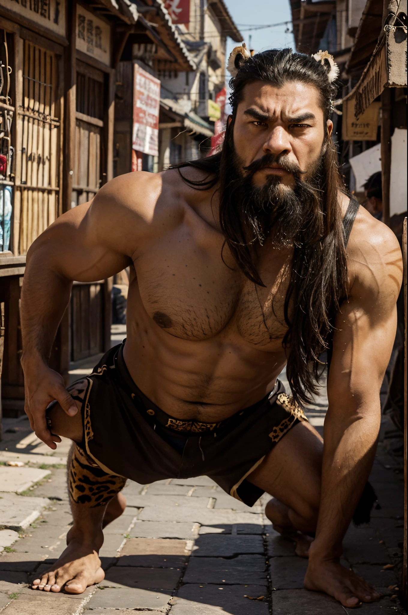 cartoon,three Kingdoms period,street of a town,half body,one man,looks angry,eight feet long, man have a leopard's head and eyes, man have a swallow's jaw and a tiger's beard