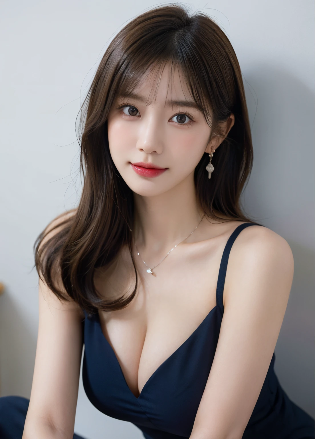 1 girl, NSFW, (White background), ((8K, RAW, Masterpiece: 1.4)), (Professional Photoshoot, sharp:1.2), ((Portrait shot)), Perfect dynamic composition, (Natural sunlight), (Soft Shadow), (Perfect body:1.4, Slim abs:1.2), ((Japanese Hairstyle:1.4, Huge breast:1.2)), Medium long hair, Ultra detail face and skin, Perfect Asian, white skin, (Detailed skin:1.3),(Latex skin:0.4), (Perfect Glossy Skin:0.6), Ai Shiramori, office lady, 30-year-old, Fashion Model, (sexy white navy blue dress), showing cleavage, blonde hair, light brown eyes, beautiful eyes, round eyes, pretty face, Blushing face, glossy lips, high nose bridge, lustrous eyes, a face of perfect proportion, realistic humid skin, Exquisite Expression, lightly smile to the camera, Looking at camera, exquisite expression, elegance necklace, elegance earrings, minimalist, bending, leg spreading, erotic posture