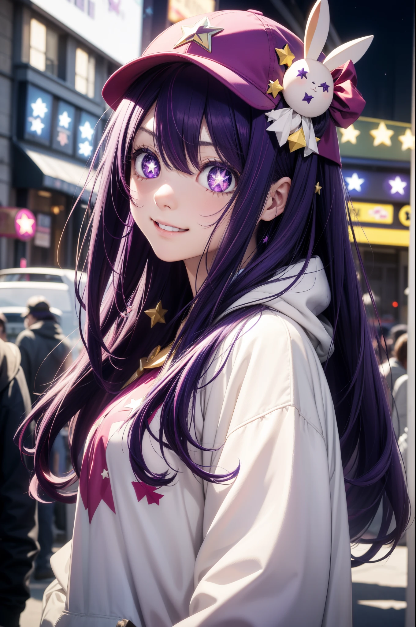 (masterpiece), best quality, expressive eyes, perfect face, highres, (8k), (perfect face), (ultra details), 1 girl, solo, ai hoshino, hair between eyes, long hair, one side up, (purple eyes:1.1), purple hair, (star-shaped pupils:1.5), symbol-shaped pupils, ((purple blouse)), off shoulders, white pants, jacket, black jacket, open jacket, chocker, smile, street background, sitting, on floor, knees up, barefoot, full body, portrait, looking at the viewer,