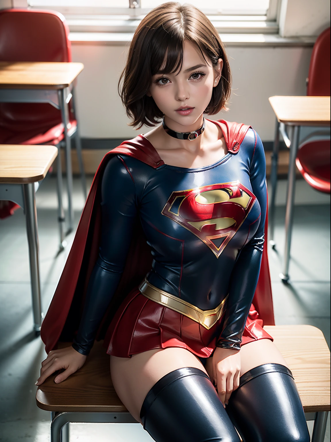 masterpiece,Short-haired Supergirl sitting at school desk with legs spread、large full breasts、Looking at the camera、Glossy enamel costume、Glossy bright red enamel long boots、Shiny red skirt、seduces、a choker、Large open legs