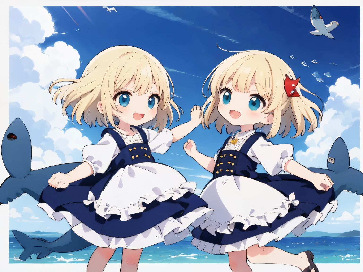 Best Quality, ultra-detailliert, Background of sharks dancing in the sky， 2 , Gamine２In person, platinum-blonde-hair,  Floating hair, 
Smiling child，from the front side, fluffy frilly clothes,  prisma，Shading