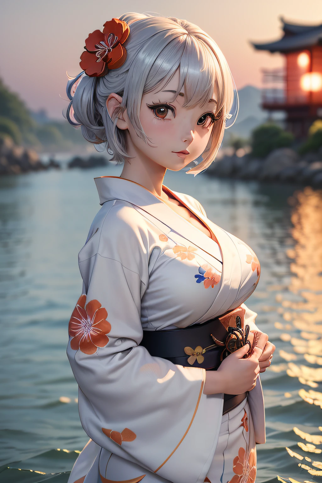 (One person:1.3), masterpiece, Highest quality, Great beauty, [[3d]], 4K, Absurd, In detail, Highly detailed eyes, Perfect Anatomy, Official Art, Cinema Lighting, break, island, Silky Medium Hair, Silky twin tails, Gray Hair, Very shiny, Beautiful brown eyes, Big eyes, Shine(In the eyes), Thick eyebrows, Open your mouth, Fuller lips, mascara, False eyelashes, Pink Lips, Glasses, A satisfied smile, break , Big Breasts, expensive, skinny, Dark Skin, walk or wave, break , Overhead Shot, break,(kimono:1.3)、Big Breasts、kimono