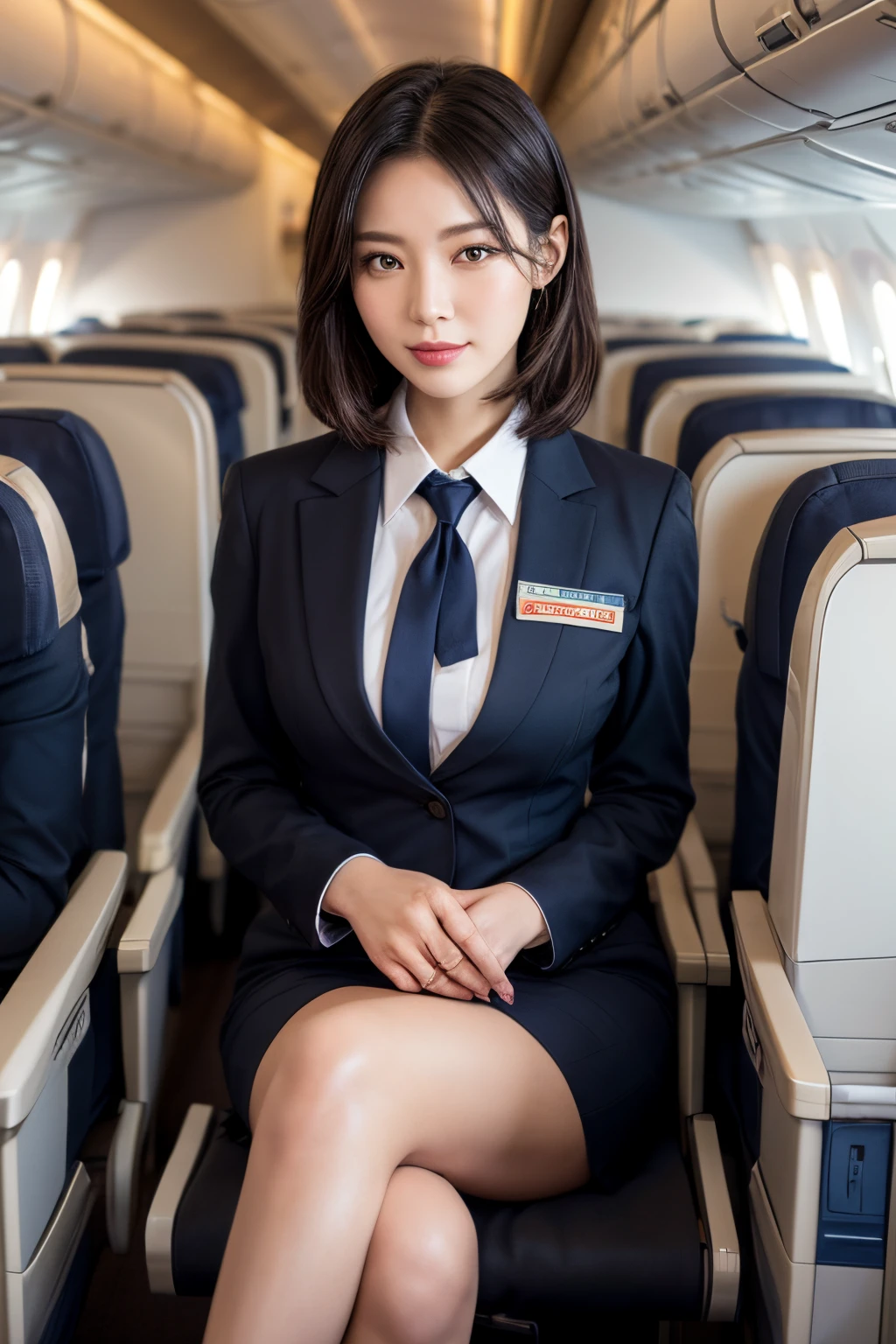 1 woman, 20 years、African Woman, hyperdetailed face、Detailed lips、A detailed eye、二重まぶた、(Black bob hair、Like an airplane stewardess々Do a good job)、(Stewardess uniform:1.2)、(Glamorous body)、Smile、thighs thighs thighs thighs, Perfect fit, Perfect image realism, Background with: (Business Class aisle on airplanes:1.2), Cowboy Shot, Meticulous background, detailed costume, Perfect Lighting、Hyper-Realism、(Photorealistic:1.4)、8K maximum resolution, (​masterpiece), Highly detailed, Professional