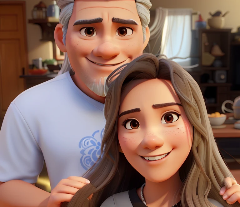 Filipino Asian woman brown hair and white man with grey hair posing for a photo, Laugh, Happy, Long hair, Straight hair, finely detailed skin, During the day, A hot summer day, Nature lighting, detailed face:1.2, sharp focus, Hasselblad photography, masterpiece, Light makeup, cinematic lighting, 4k, best quality Disney Pixar poster 3d Animation
