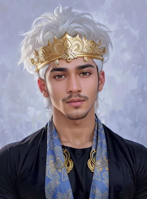 RAW photo, a Modernist hyperrealistic portrait photo of 25 y.o man, hansome face, mix face of salman khan and amir khan, as a javanese Male, Hot Guy, lite moustache, muscular, macho, wearing art nouveau majapahit kingdom costume, gold head band, gold shoulder band, gold necklace, gold crown, hair bund, long-haired, Fade Cut, well built Large body bodybuilder, low angles, Real texture, wear psychedelic sarong batik silk, (high detailed skin:1.2), 8k uhd, dslr, Fujifilm XT3, soft lighting, film grain, masterpiece, high quality