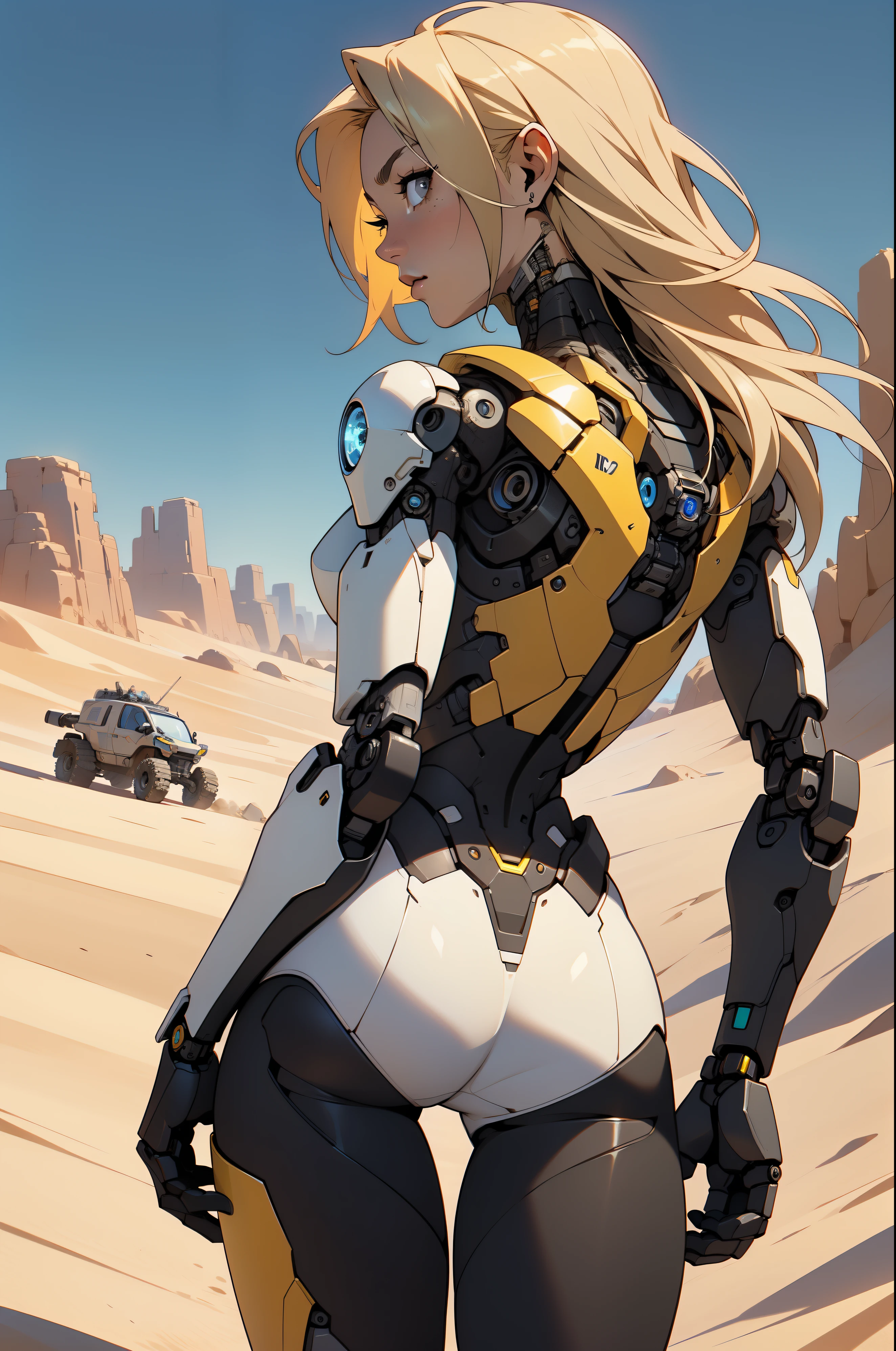 high quality, 4k, masterpiece, beautiful, cyborg girl, cowboy shot, dull eyes, back side, turning around to look at viewer, long blonde hair, girl, small breasts, fit thigh, robotic arms, robotic body, cyborg body, yellow accent, red accent, intricate detail, joint, detailed lines, robotic detail, 1fist on hip, color robotic parts, robotic parts with color, perfect fingers, on a desert planet, sunny background, colorful desert,