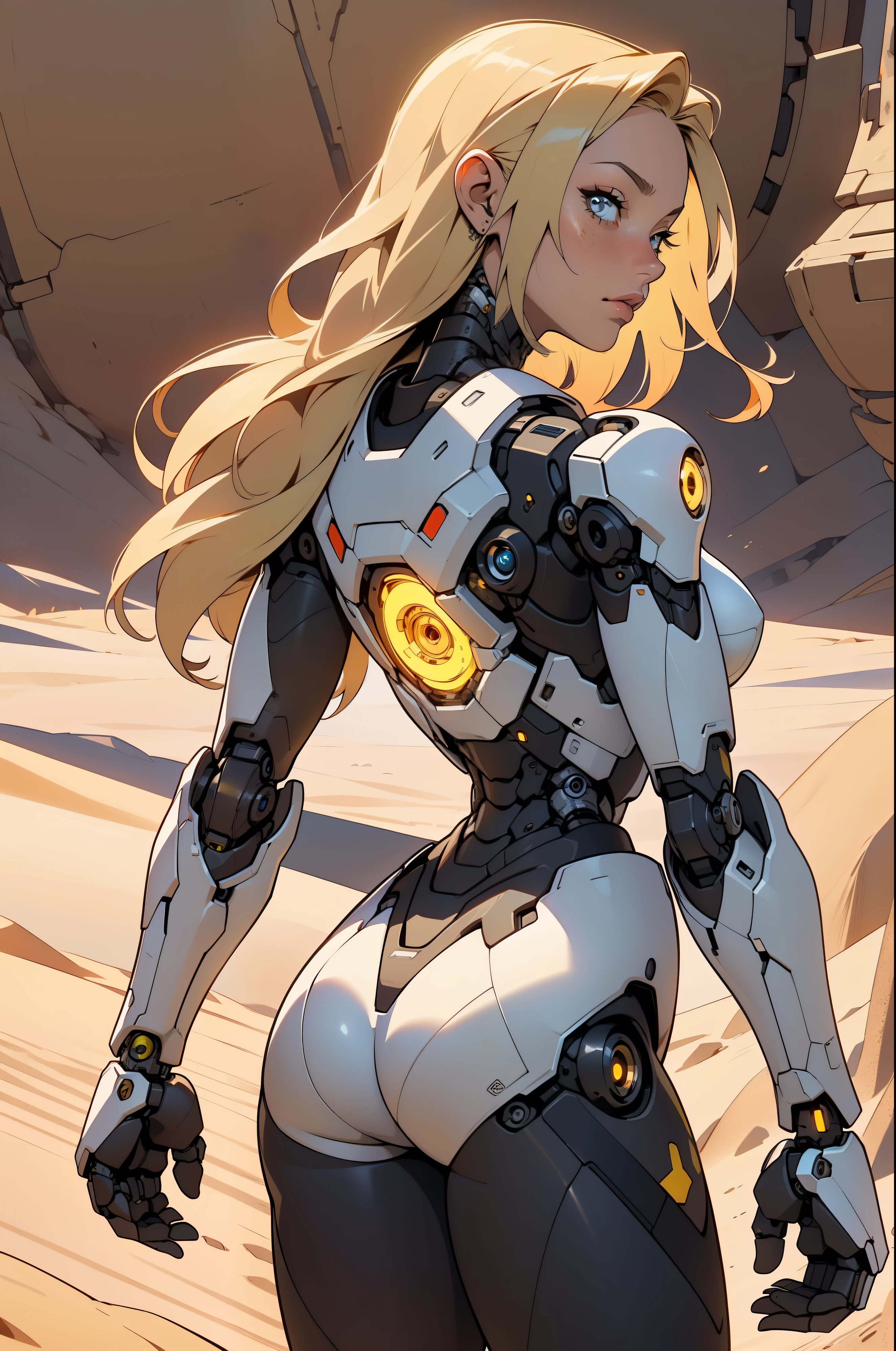 high quality, 4k, masterpiece, beautiful, cyborg girl, cowboy shot, dull eyes, back side, turning around to look at viewer, long blonde hair, girl, small breasts, fit thigh, robotic arms, robotic body, cyborg body, yellow accent, red accent, intricate detail, joint, detailed lines, robotic detail, 1fist on hip, color robotic parts, robotic parts with color, perfect fingers, on a desert planet, sunny background, colorful desert,
