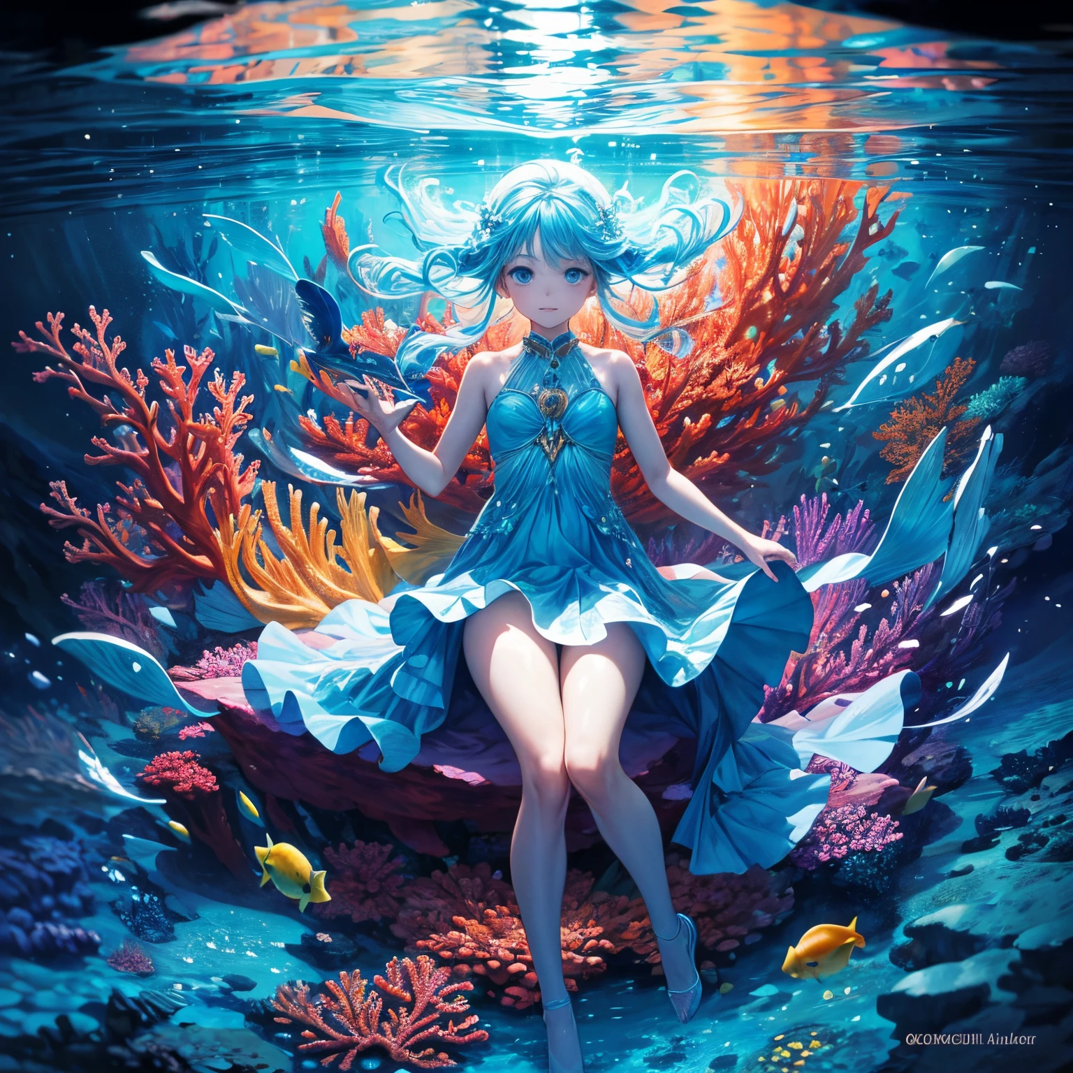 A woman in a blue dress sitting on a coral with fish - SeaArt AI