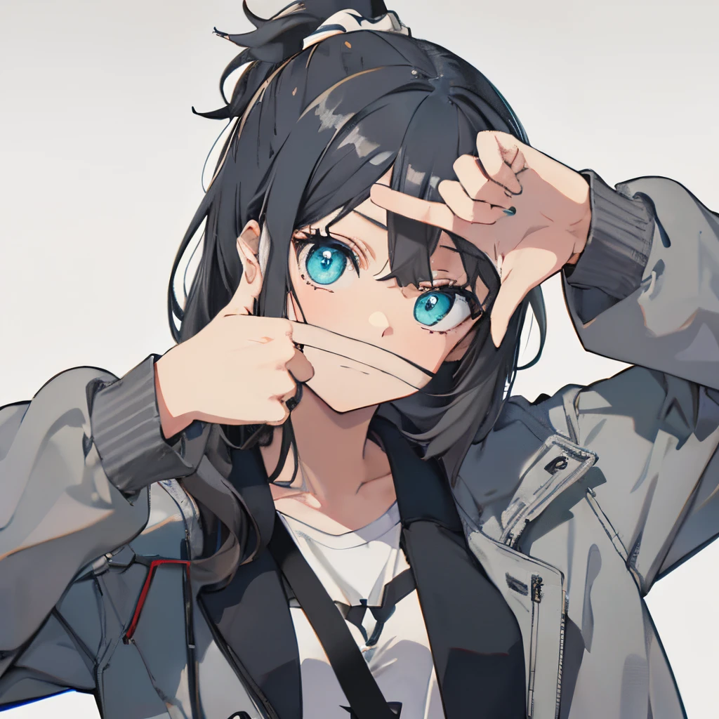 (masutepiece:1.2, Best Quality), 1 girl in, Turquoise eyes, front facing, jet-black hair, Jacket,(Gray white background:1.7),Finger Frame,