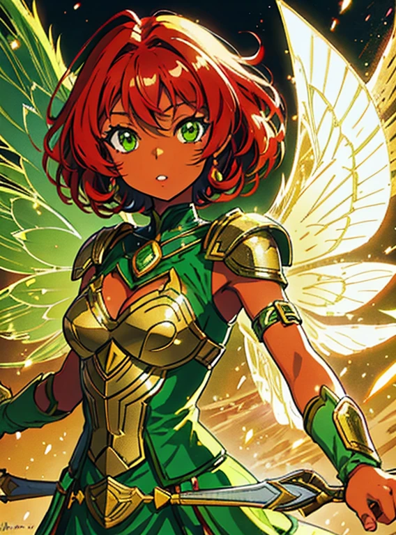 African American fairy anime, vibrant wings, green eyes, full lips, fairy ears, red hair, bob haircut, curly African hair texture, battle gear,