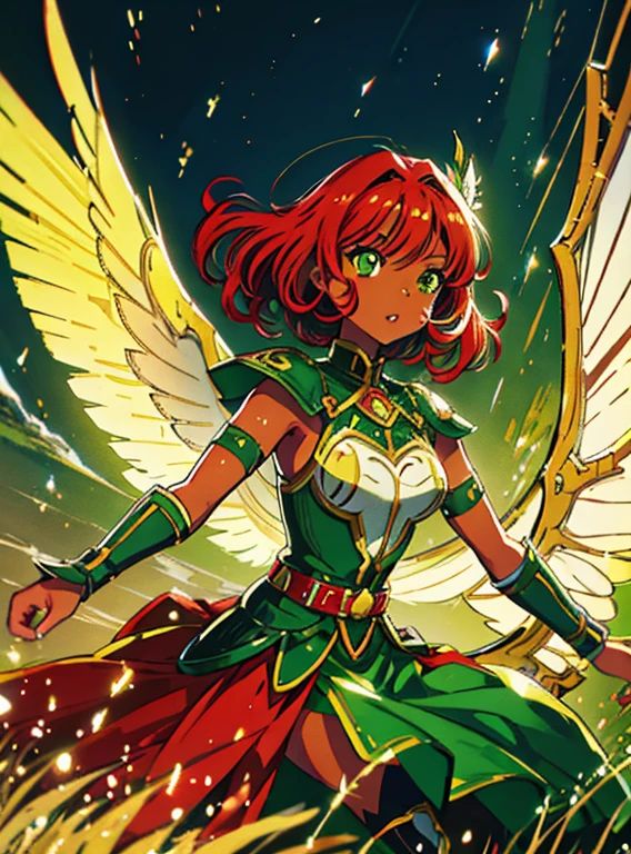 African American fairy anime, vibrant wings, green eyes, full lips, fairy ears, red hair, curly African hair texture, battle gear, high quality image, 4K resolution, T pose