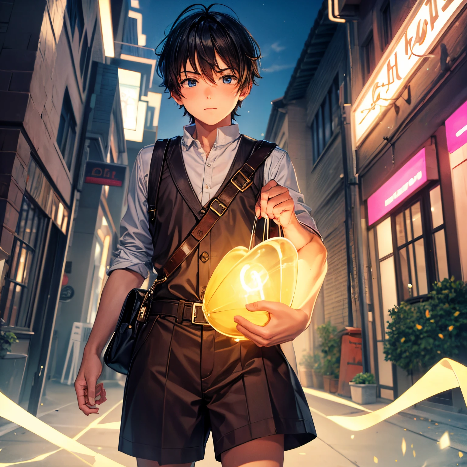 A boy holding a girl shaped light.