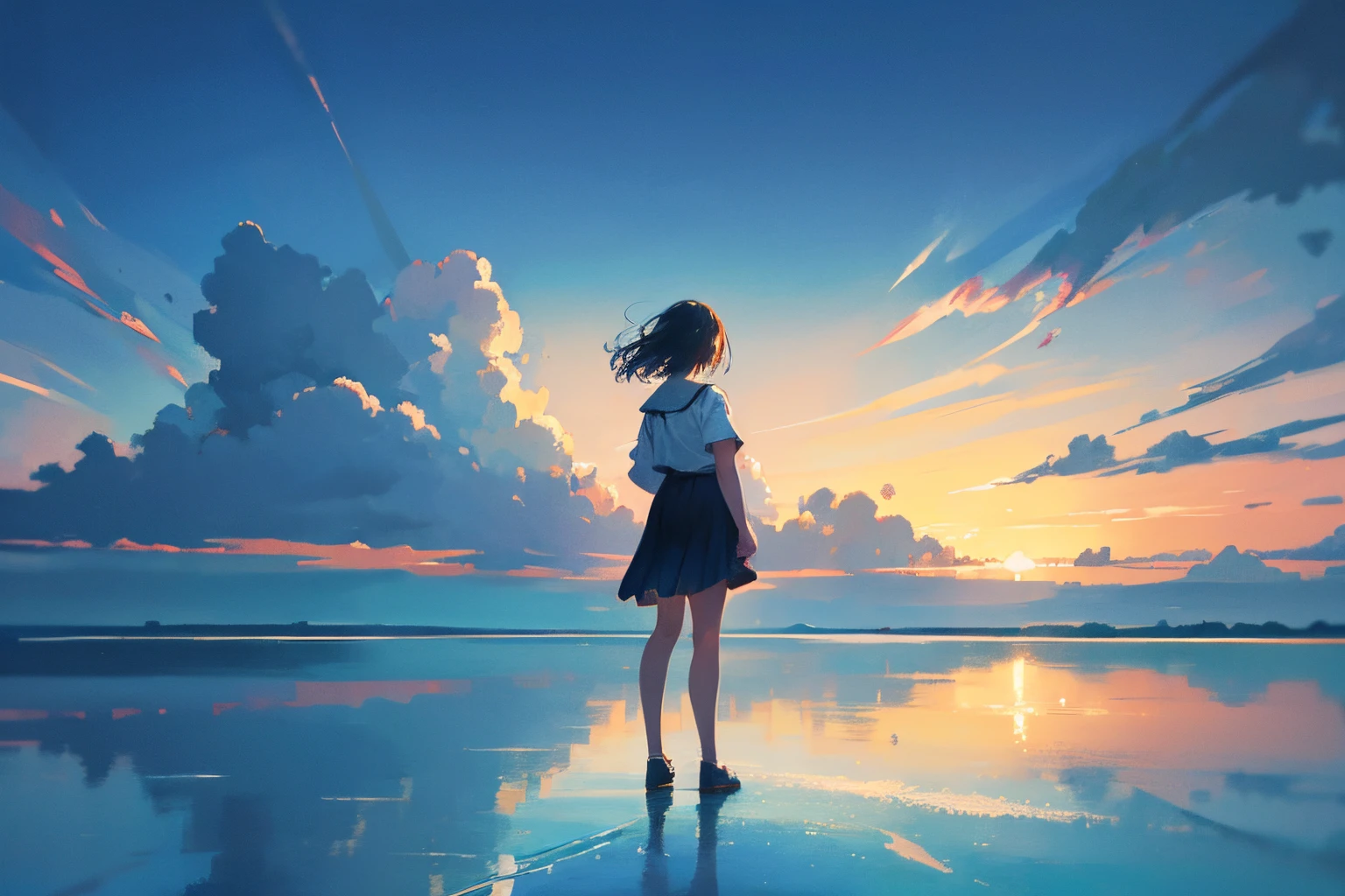 Create exquisite illustrations reminiscent of Makoto Shinkai's style, It has ultra-fine details and top-notch quality. Creating a high-quality illustration of a girl standing in a vast, empty space with the sky and sea stretching as far as the eye can see. The sea beautifully reflects the surroundings, resembling a mirror. The overall theme should be both fantastical and nostalgic, capturing intricate details. Ensure the illustration exudes a sense of high quality, emphasizing the fantastical and nostalgic elements to create a captivating scene