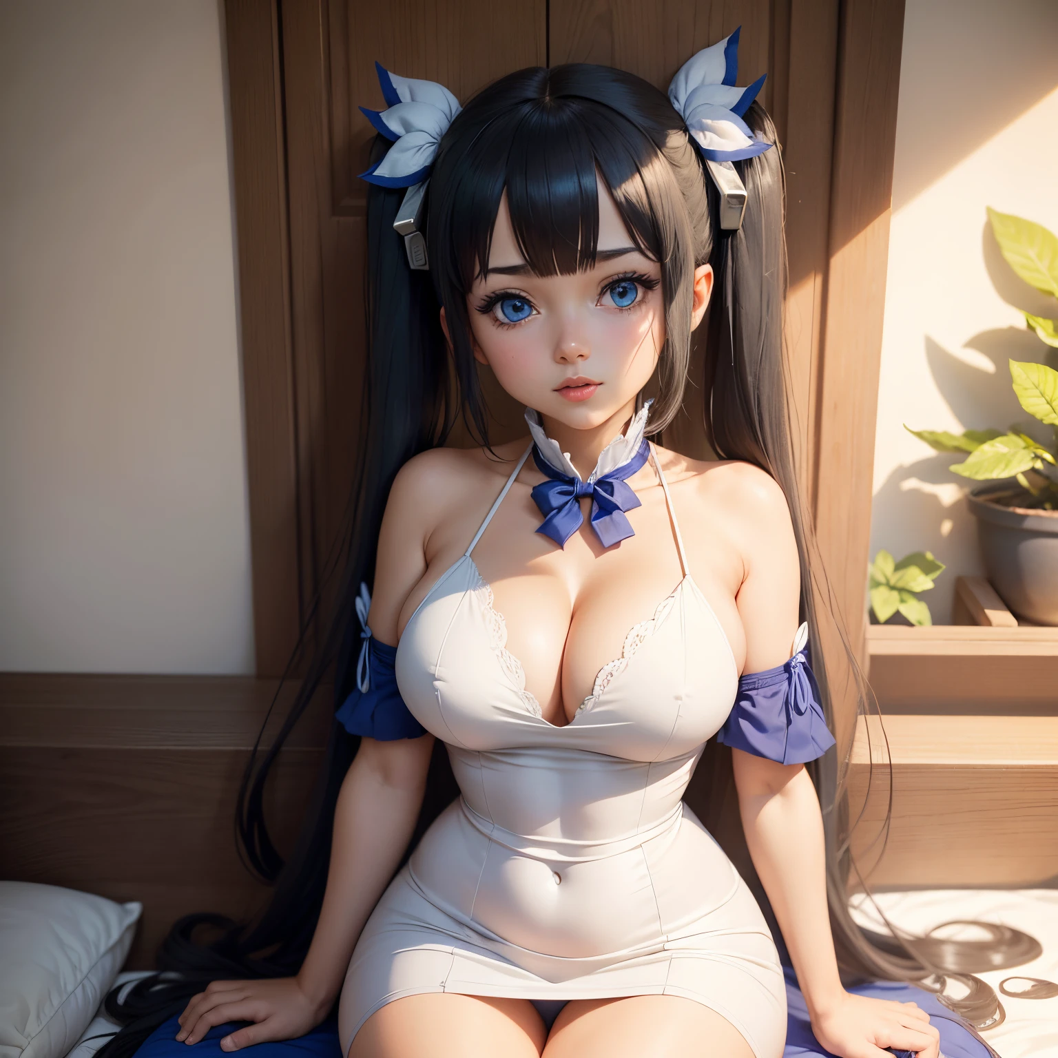Hestia de Danmachi, de quatro no quarto, corpo inteiro, seios e coxas grandes, usando vestido branco