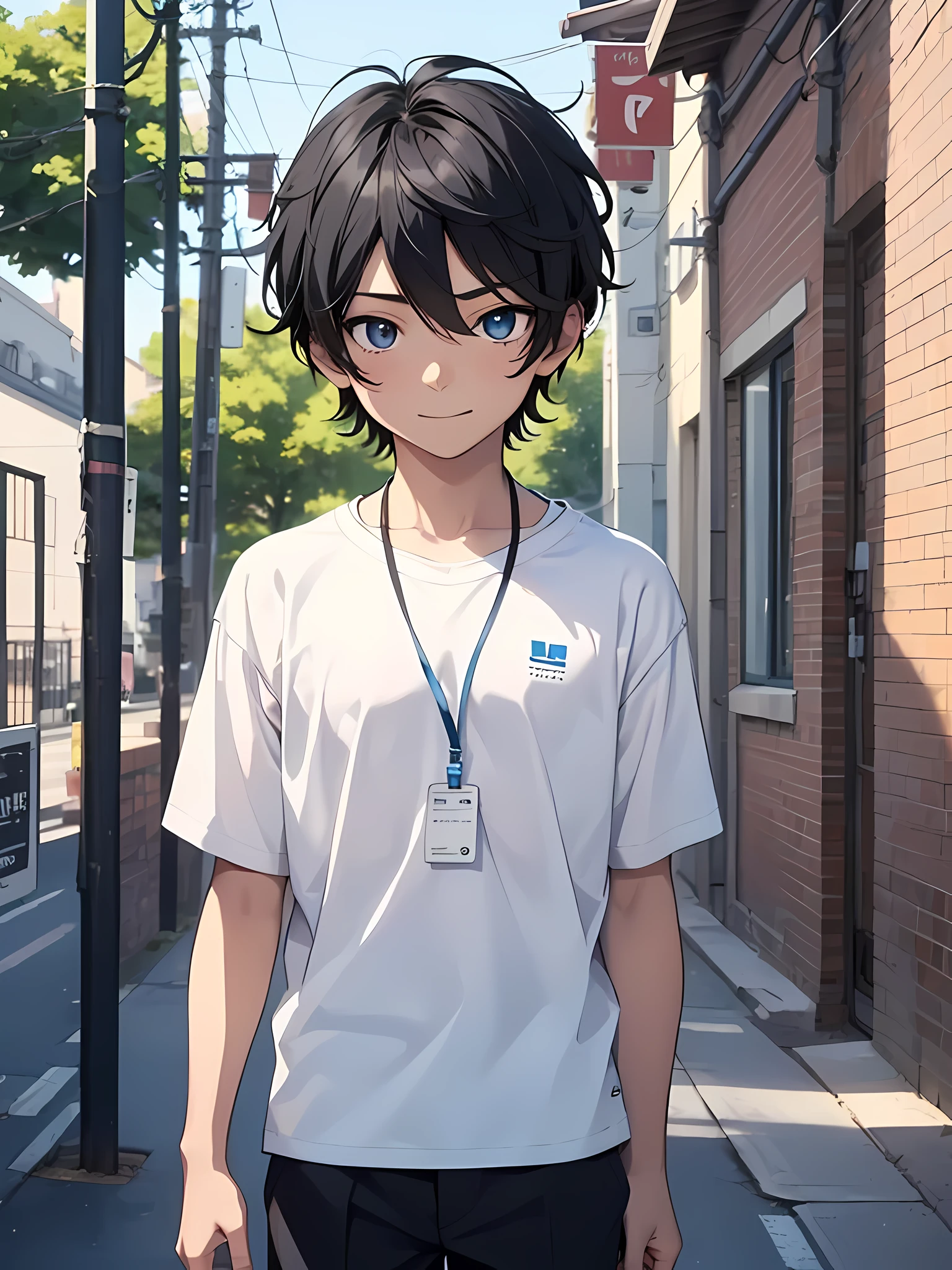 1boy, young male, age 12, black hair, happy, solo, detailed eyes, clear eyes, quality eyes, masterpiece, (UntuckedShirt:1.2), UntuckedShirt, student, White t-shirt, short sleeves, long black pants, wearing blue lanyard, standing, park, school, anime, line art anime