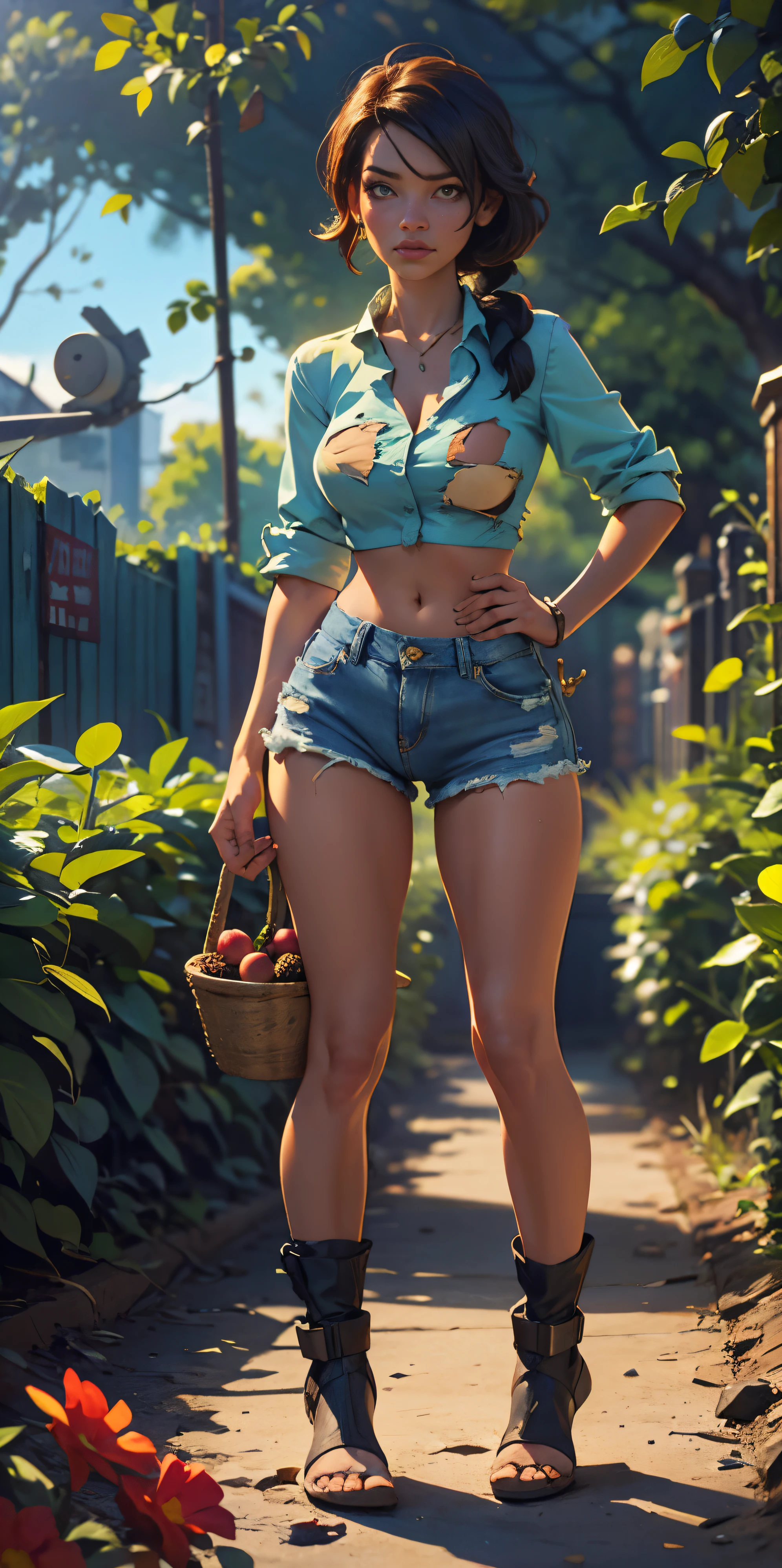 (((((Young woman))), anime, ( Green eyes), (black hair), Cute face, smile, Perfect body, , ((short stature))), big breastasterpiece, Best quality)), Illustration, Ultra detailed 8k, Photorealistic, sharp focus, very detailed, professional lighting, bright makeup, Red lips, Fingernails and toenails are varnished, (dark skin:1,2), short stature, dark skin, Indian woman, African curly hair, Afrocuria, Urban style, casual wear, casual shoes, City Park, trees, flowers, shop, pond