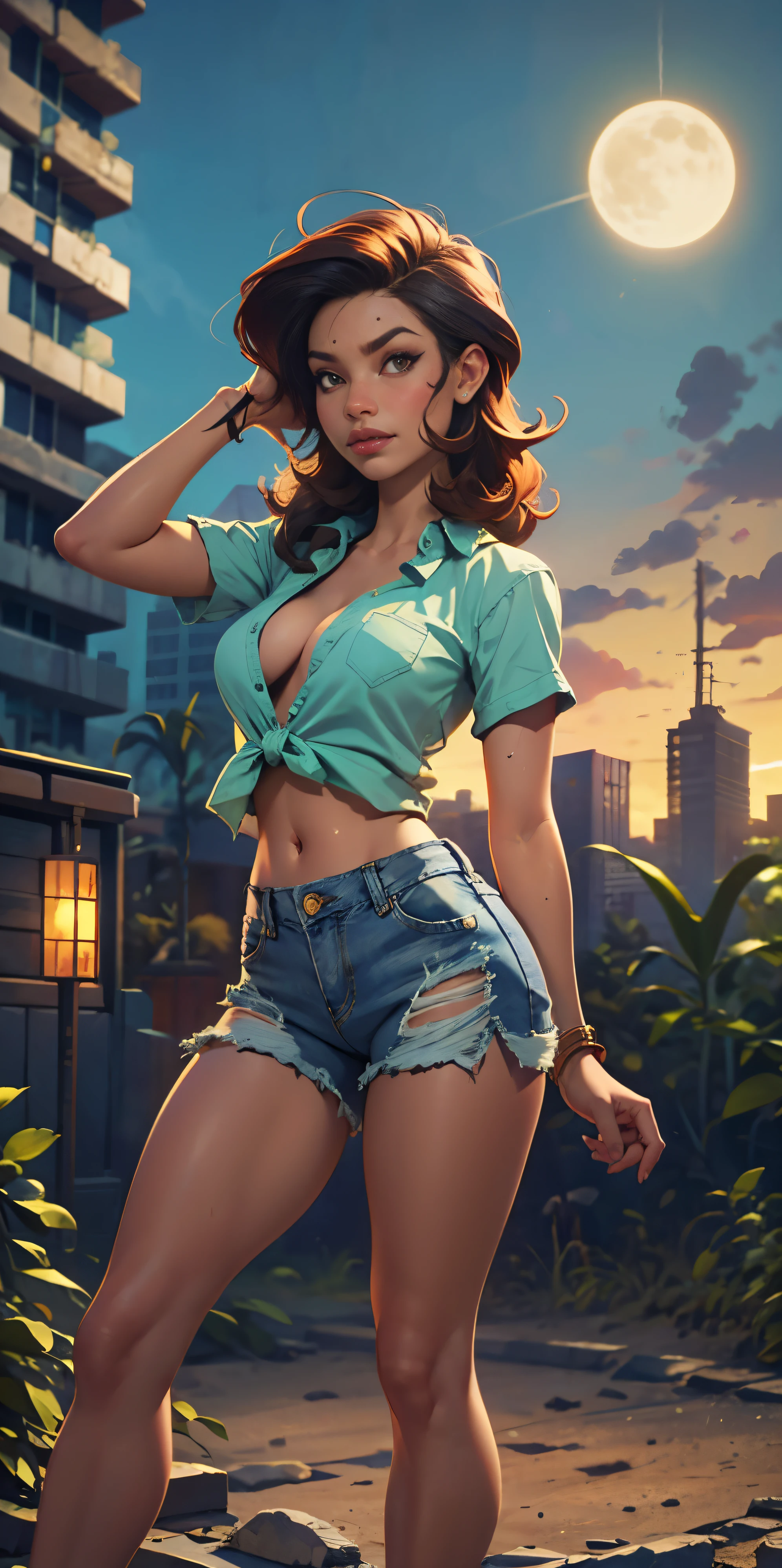 2076 year. N.uh. The Urban Ruins of the Wasteland, Female huntress picking fruit in the garden, beautiful face, torn shirt and denim shorts , long legs, sweating through, sun rising, Nice warm colors, head to toe full body shot