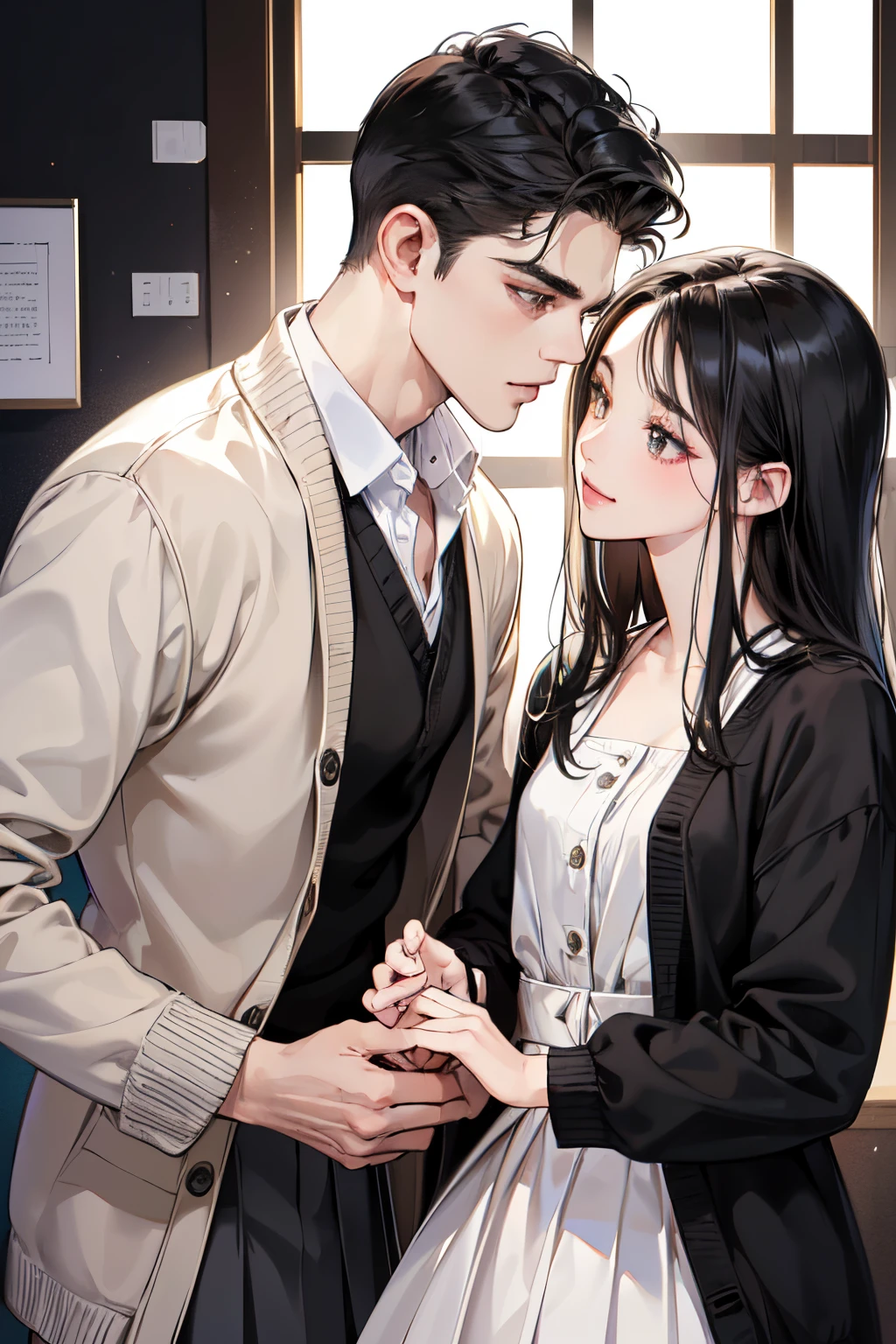 (masutepiece, Digital Art, Digital Illustration, 4K, 8K, Ultra-detailed, beautiful image, Sharp Image, Photorealistic, Raw photo, Perfect face, Perfect lines, Perfect eyes, Soft lighting) 1 woman, (Long Black Hair,straight haired,Bullish gaze,Beautie,Solid makeup,femele,small tits:1.3),Two handsome men in suits, (ember,Men in suits,well-muscled,Firm shoulder width,Adult male,Boyish hairstyle,English gentlemanly style,Man in his 30s with a cool expression,28-year-old man with bright smile:1.2),Donut Shop、donut、Eat-in、There are many donuts lined up、a sailor suit、Knee-length pleated skirt、baggy cardigan、kiss、a couple、couple kissing、Romance、ssex、have sex、