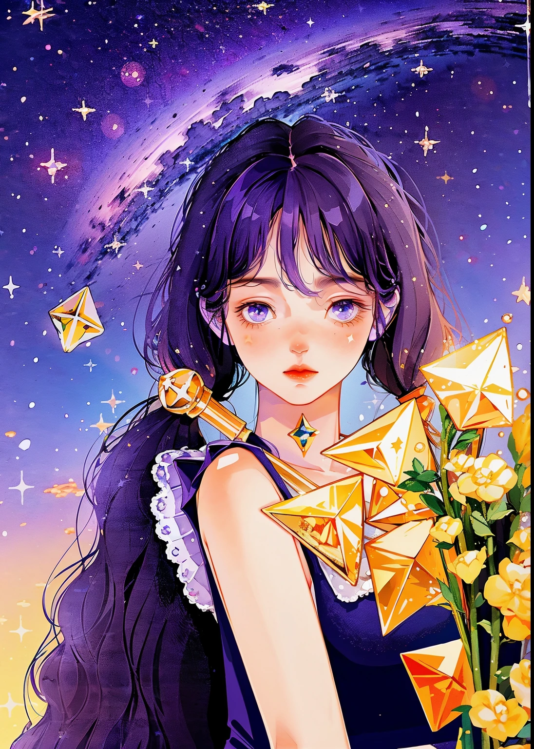 girl, located in the corner, looking at the sky, solo, Mona (Genshin Impact), choker, hair between eyes, star (symbol), long hair, dark purple hair, twintails, blue eyes, shining eyes, jewelry, witch, maid, bangs, purple black dress, purple skirt, white apron, landscape, night sky, star (sky), starry sky, night, outdoor, clouds, reflection, water, magic, tarot, water magic, ((beautiful golden crystal star)),  space, water droplets, splash