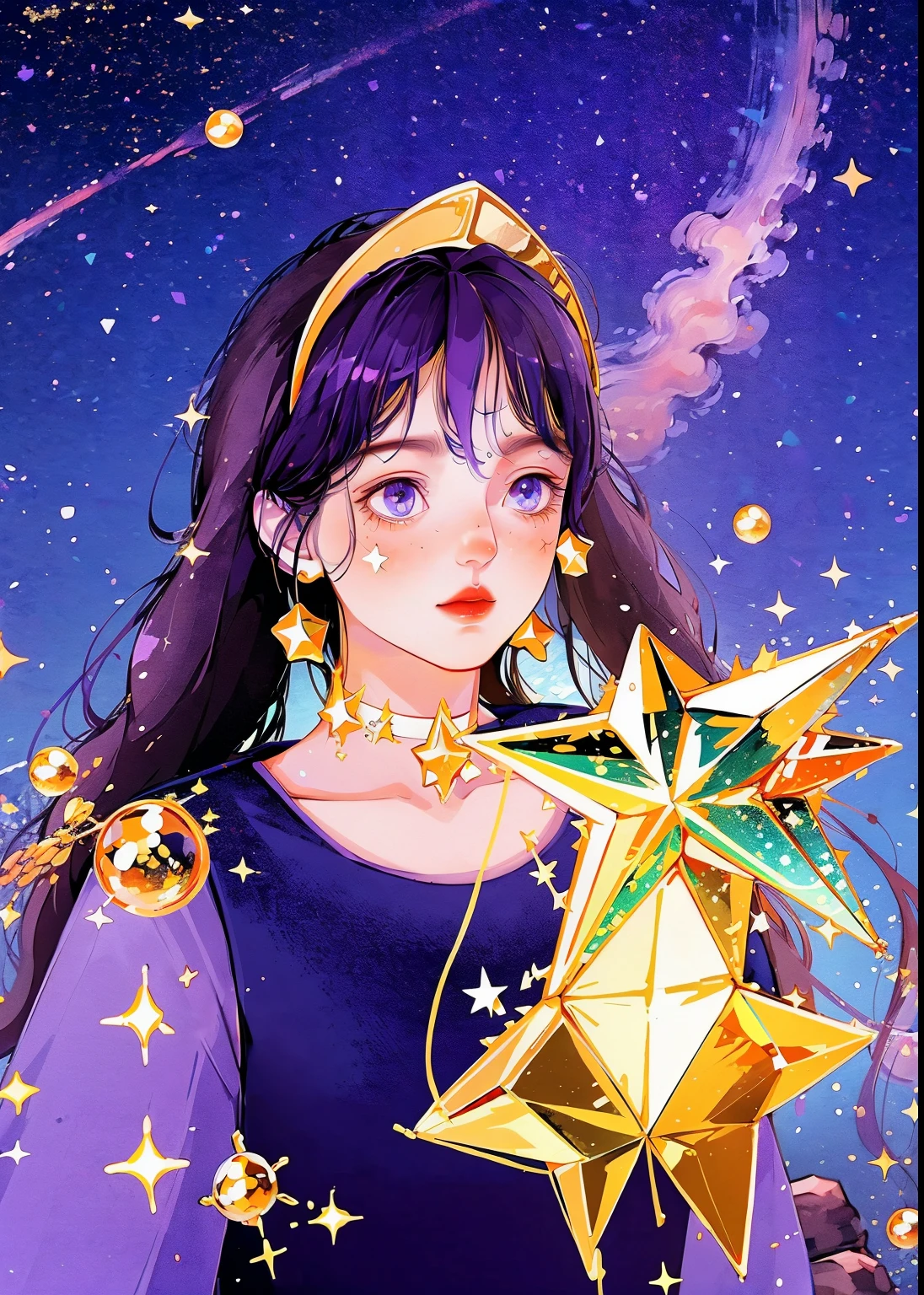 girl, located in the corner, looking at the sky, solo, Mona (Genshin Impact), choker, hair between eyes, star (symbol), long hair, dark purple hair, twintails, blue eyes, shining eyes, jewelry, witch, maid, bangs, purple black dress, purple skirt, white apron, landscape, night sky, star (sky), starry sky, night, outdoor, clouds, reflection, water, magic, tarot, water magic, ((beautiful golden crystal star)),  space, water droplets, splash