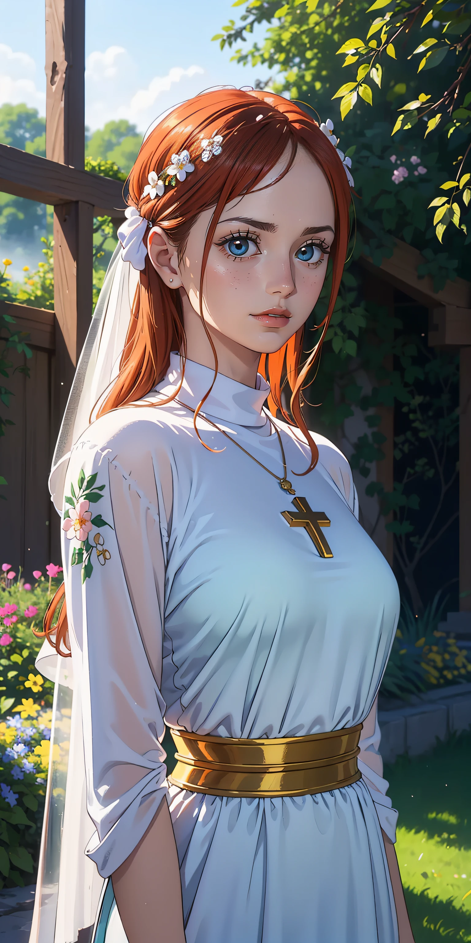 (best quality,4k,8k,highres,masterpiece:1.2),ultra-detailed,(realistic,photorealistic,photo-realistic:1.37),nami with orange hair,2girls,dressed as a nun,captivating eyes,long eyelashes,fair skin,serene expression,traditional nun clothing with black robe,white collar and veil,peaceful garden scene,sunlit garden with blooming flowers,soft sunlight filtering through the trees,hint of morning mist,gently swaying grass,whispering wind,tranquil atmosphere,serene atmosphere,symbolic cross necklace hanging around her neck,subtle glow around her,pure white dove perched on her shoulder,glowing halo of light surrounding her head,gentle smile on her lips,ancient stone statues in the garden,sculptures of solemn angels,peaceful chanting in the background,ethereal aura,soft pastel color palette,subtle shades of orange,blue and green,sublime beauty,ethereal beauty,divine presence,soothing harmonies,sublime tranquility,sense of serenity,enchanting landscape.