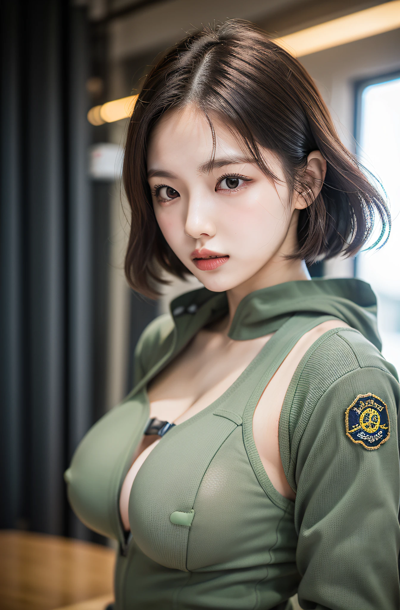 Fighters、Exposed nipples、Air Force Pilot、Conversation with maintenance personnel inside the hangar、Fighters、dark green flight suit、High exposure、Photorealistic images of solo idols, Morning Musume inspired by Eri Kamei, Radiates charm and beauty with plenty of bust and subtle exposure of cleavage. The image is、Must reflect a real person of the highest quality, Powered by Ultra-HD (16 K) resolution, crisp detail, Vivid colors, Dynamic Range, Soft bokeh, Fine texture, Realistic realism, Pin Sharp Focus. 、The camera setup is、Nikon D850 and NIKKOR Z 58mm Boobs Boobs Boobs Boobs F。/0.95 S Noct lens, The setting must be ISO 64, F/0.95, Shutter speed is 1/60. --ar 16:9 - V5.1 --Style raw --Q 2 --S 750