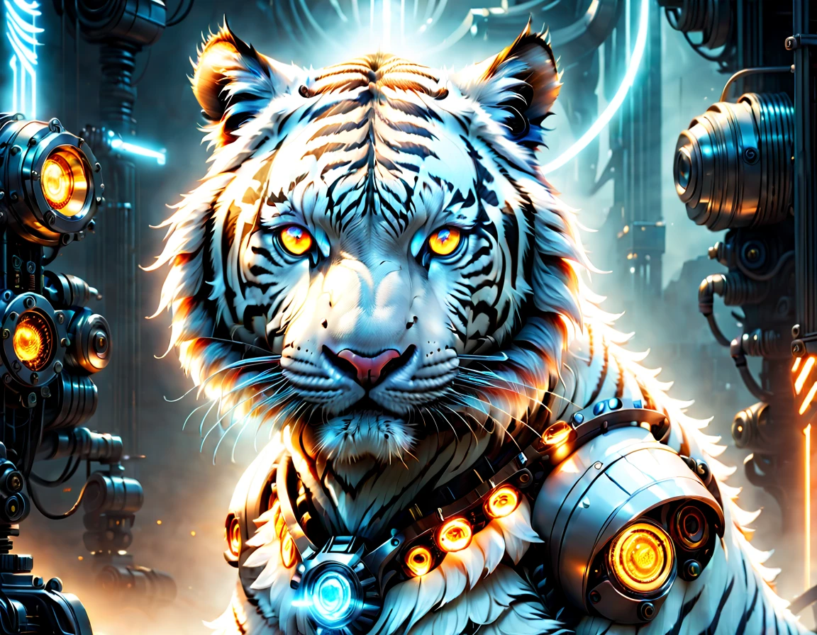 (Best quality, 8K, A high resolution, tmasterpiece:1.2), (ultra - detailed), (mechanized white tiger: 1.5), Full body shot, dreamy glow,glowing incandescent lamp,Cyberpunk high-tech mechanical components,((Metal paws: 1.5)),Metal head and mouth,Metal fur,pretty cool,Metal legs,Bionic eye,Detailed white skin design,suspended in mid-air, Electric white and bright orange, Vivid glowing eyes, Reflective metal surface,Interlocking mechanical gears,Dynamic and stylish design,motion blur effect,Meticulous craftsmanship,sci-fi vibes,Streamlined aerodynamic shape,Laser scanning pattern,holographic projections,Light-emitting circuit lines,Unforgettable beauty,otherworldly precision,Advanced sensors,complex algorithm,Ominous and mysterious atmosphere,electric sparks,Shiny chrome plating,Propulsion systems of the future,Solo,Medium shot,concept-art, fantasy themed,Volumetriclighting, globalillumination, reflector, hyper HD,The light is bright,RGB color,vivd colour,cyber punk style, ((full body shot of,head to toe))