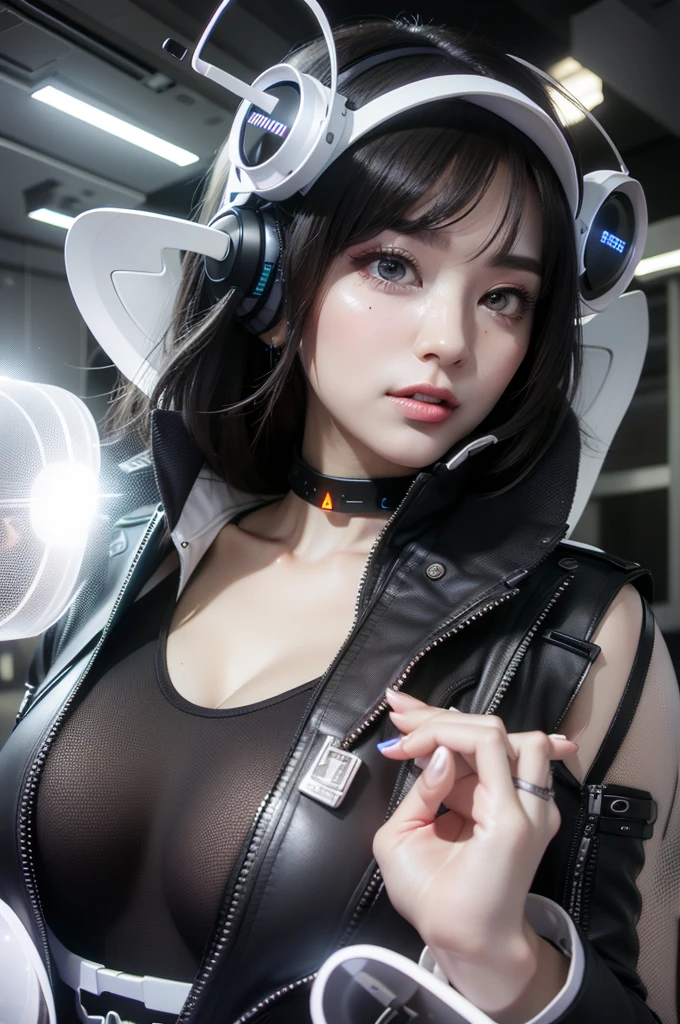 masterpiece, (Highest quality), (Ultra-realistic), Ultra-detailed, 8K resolution, RAW Photos, Sharp focus, (One girl), alone, Gorgeous face, Perfect body, Mature Woman, Age 25, Portraiture, Mecha, White and red Armor, Nanosuit, sexy, Messy Hair, Cinematic, Cinematic light, ((Natural big breasts:1.6)),((Upper Body))