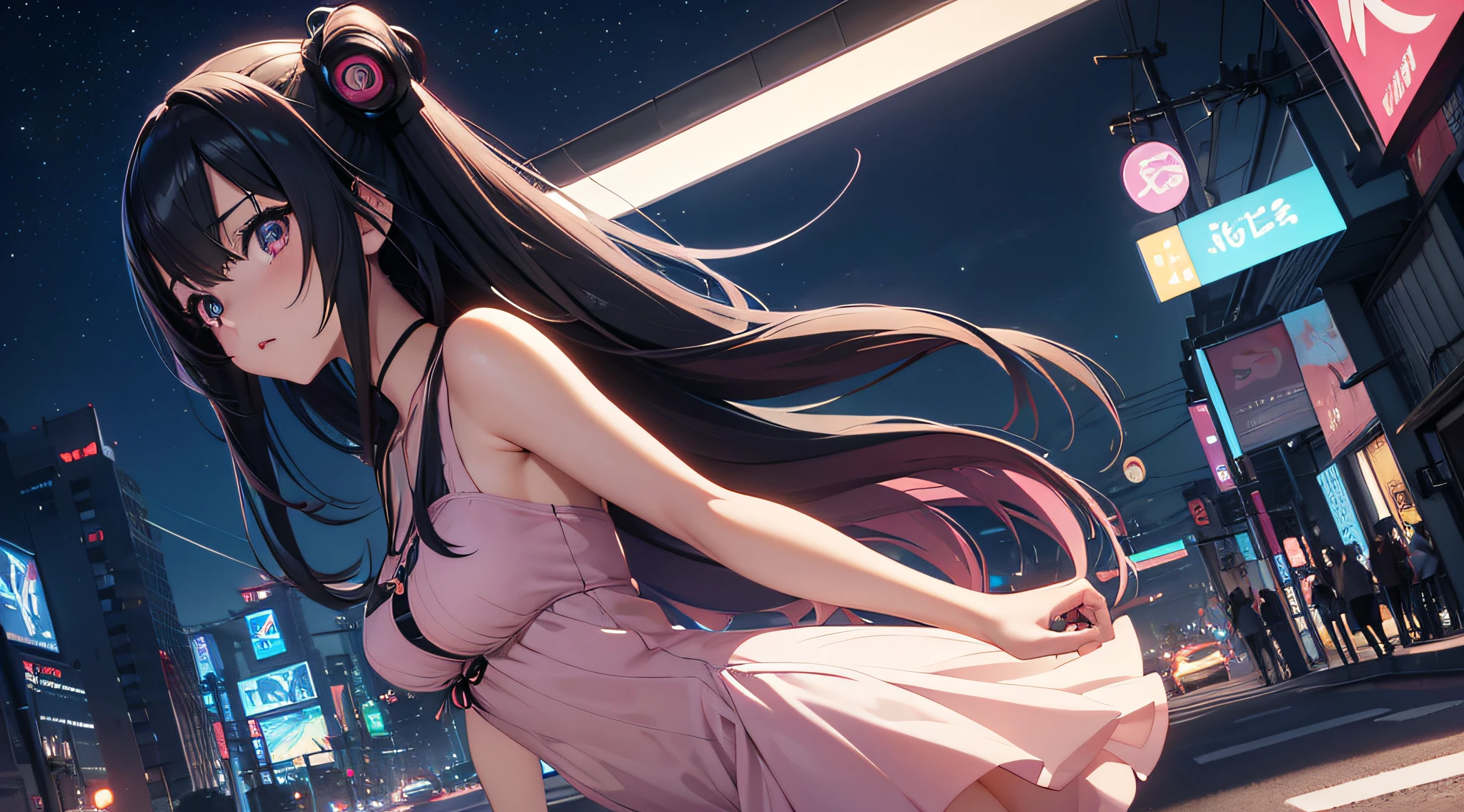 anime girl looking at the sky standing on the side of the street at night in a cyberpunk style city. Realistic 3D anime style, night, tight dress, Realistic 3D Anime, Photorealistic Anime, Photorealistic Render of Anime Girl, Anime CG soft art, Anime 3D style, realistic anime artstyle, Anime realism style, Anime style. 8k, Young realistic anime girl, Render of a cute 3D anime girl (Best Quality,Unparalleled Masterpiece:1.4),Ultra-Detailed CG 4K,(Ultra-Detailed Clear Absurdly-Vivid Big Eyes:1.2)