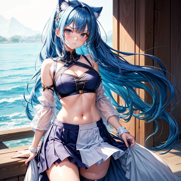 Anime Style. girl. A world of swords and magic. White underwear. mini skirt. Aleppo. Her underwear is visible through the gap where she sits