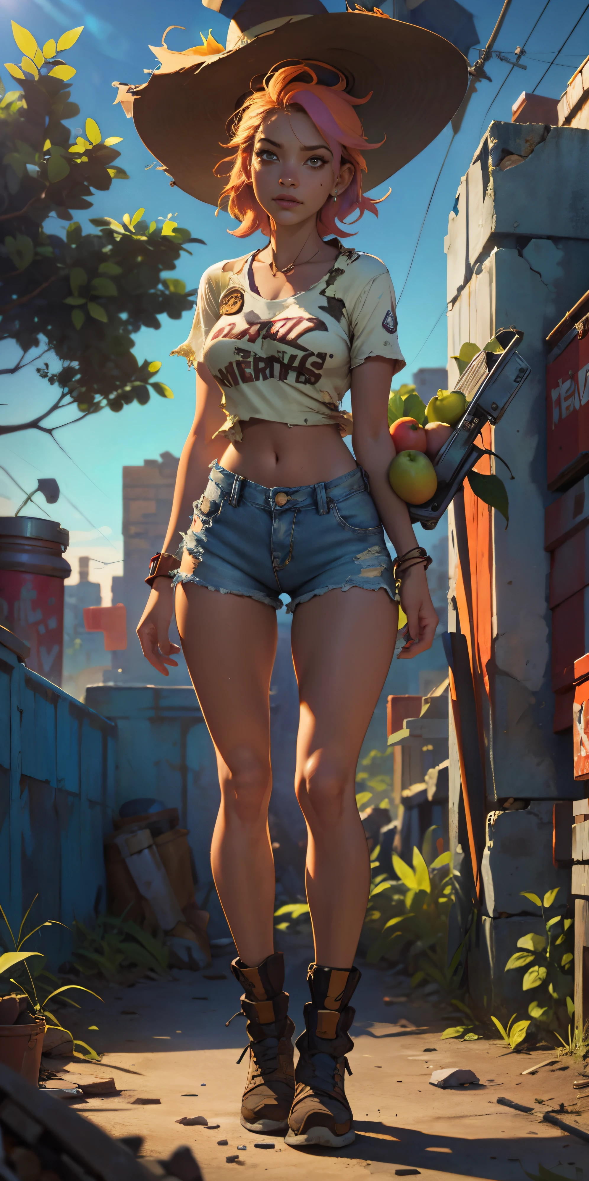 2076 year. N.uh. The Urban Ruins of the Wasteland, Female huntress picking fruit in the garden, beautiful face, torn shirt and denim shorts , long legs, sweating through, sun rising, Nice warm colors, head to toe full body shot