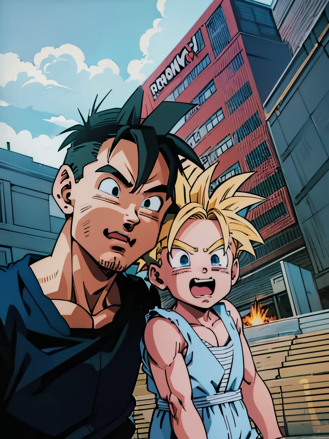 there is a man and a boy that are standing together,super saiyan, yellow hair,super saiyan goku, super sayan, super sayian goku, super saiyan 3, going super saiyan, dragon ball concept art, dragon ball artstyle, 4 k manga wallpaper, goku from dragon ball, an epic anime of a energy man, 4k anime wallpaper,((close mouth)),((Anime, comics, comic faces:1.3))