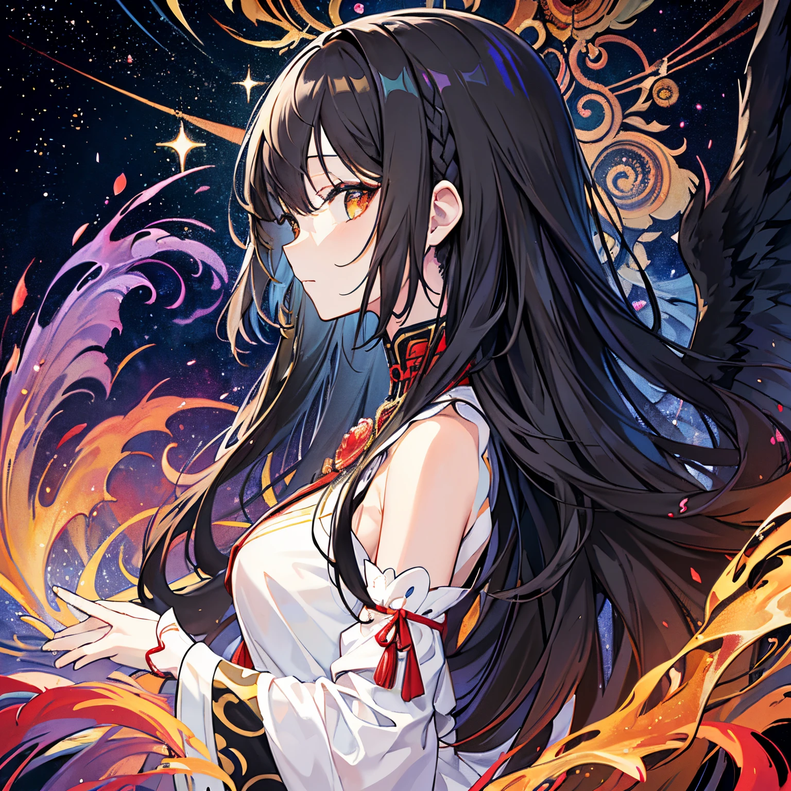 Anime girl with long black hair and red and white dress - SeaArt AI