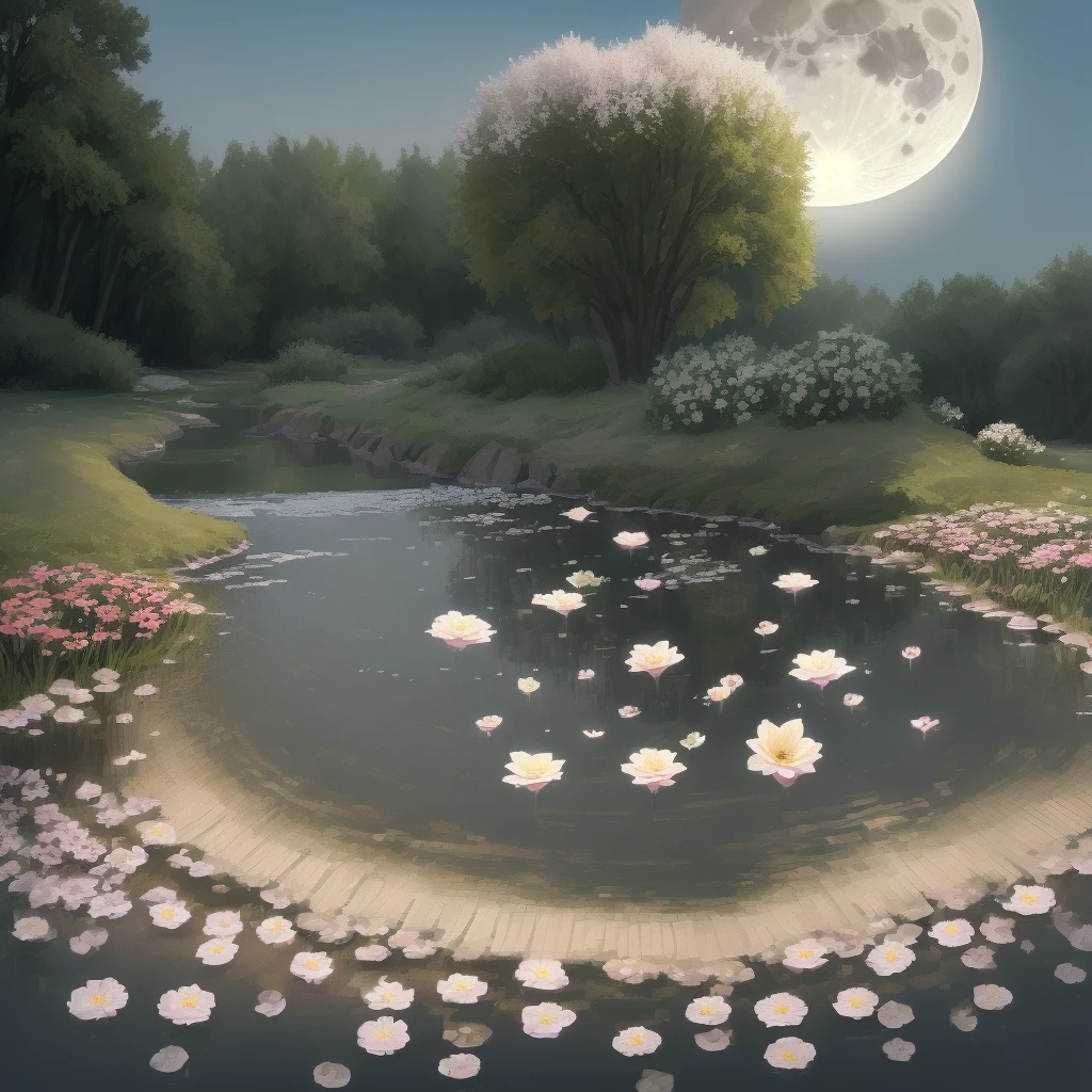 Big full moon, totus flowers, water, cancel,