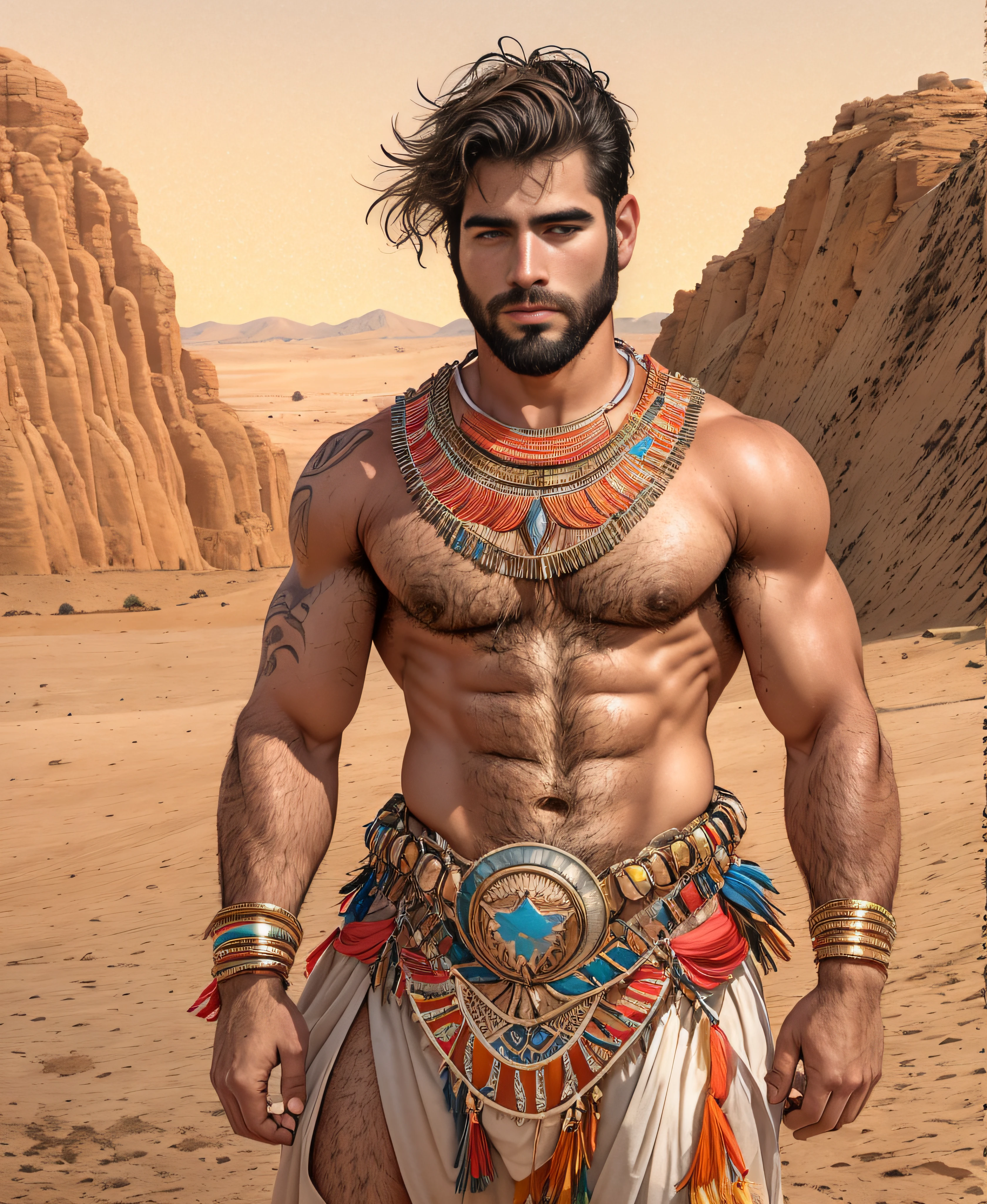 Retrato de un joven, musculoso muy guapo y atractivo guerrero egipcio, frente a un desierto de arena, barba delineada, cuerpo peludo, ricas joyas coloridas y doradas, primer plano, pose real y actitud.