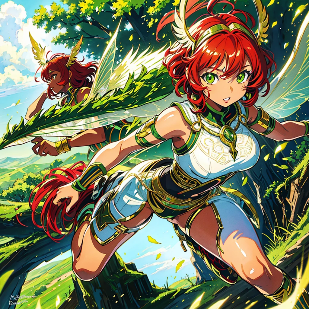 African American fairy anime, vibrant wings, green eyes, full lips, fairy ears, red hair, bob haircut, curly African hair texture, battle gear, high quality image, 4K resolution