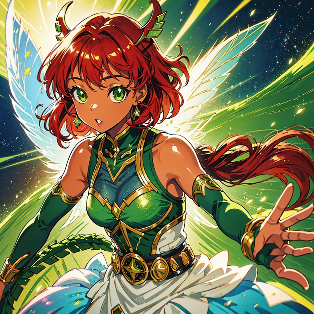 African American fairy anime, vibrant wings, green eyes, full lips, fairy ears, red hair, bob haircut, curly African hair texture, battle gear, high quality image, 4K resolution
