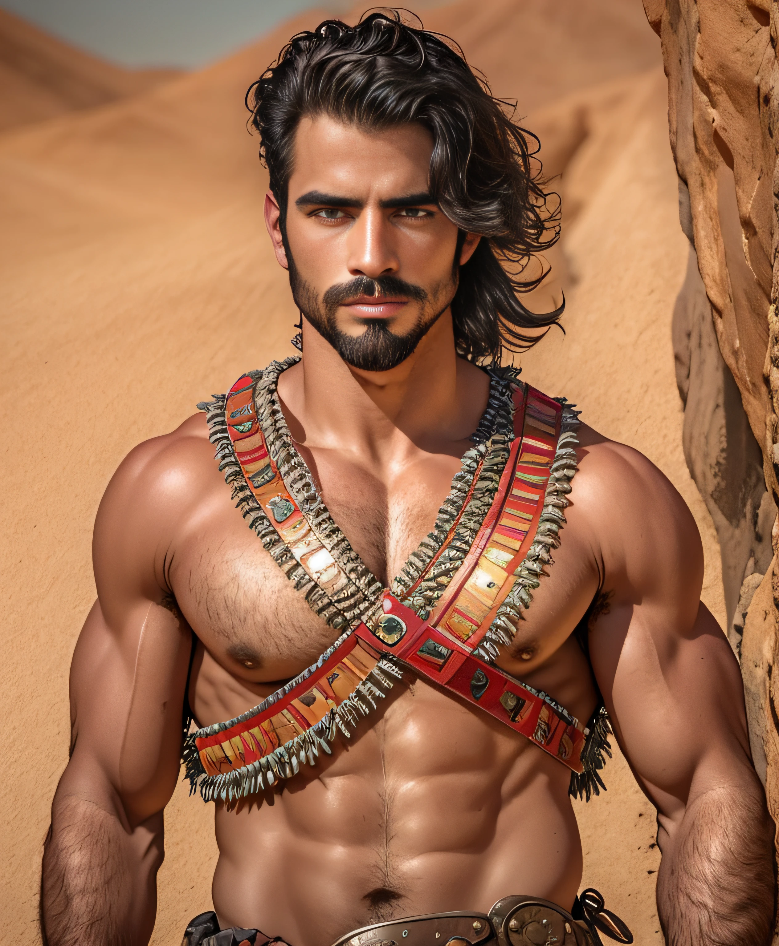 Retrato de un joven, Muscular very handsome and attractive Arabian warrior, frente a un desierto de arena, barba delineada, cuerpo peludo, ricas joyas coloridas y doradas, primer plano, pose real y actitud.