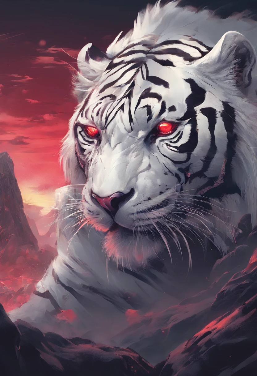 China-style,Chinese mythology,White Tiger,roar,ferocious,gigantic,Eyes glow red,glow effects,High hills,cloudy fog,the night,Medium View Scene,body complet, like a, highly detailed surreal vfx,oc render, - AR 16:9 --q 2 --s 1000